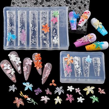 2 Pcs Flower Silicone Nail Art Molds, 3D Spring Summer Flowers Nail Charms Mold with Clear Embossed Templates, Floral Carving Tool for Gel Resin Nails Supplies, DIY Manicure Sculpture Molds for Women