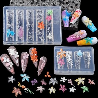 2 Pcs Flower Silicone Nail Art Molds, 3D Spring Summer Flowers Nail Charms Mold with Clear Embossed Templates, Floral Carving Tool for Gel Resin Nails Supplies, DIY Manicure Sculpture Molds for Women