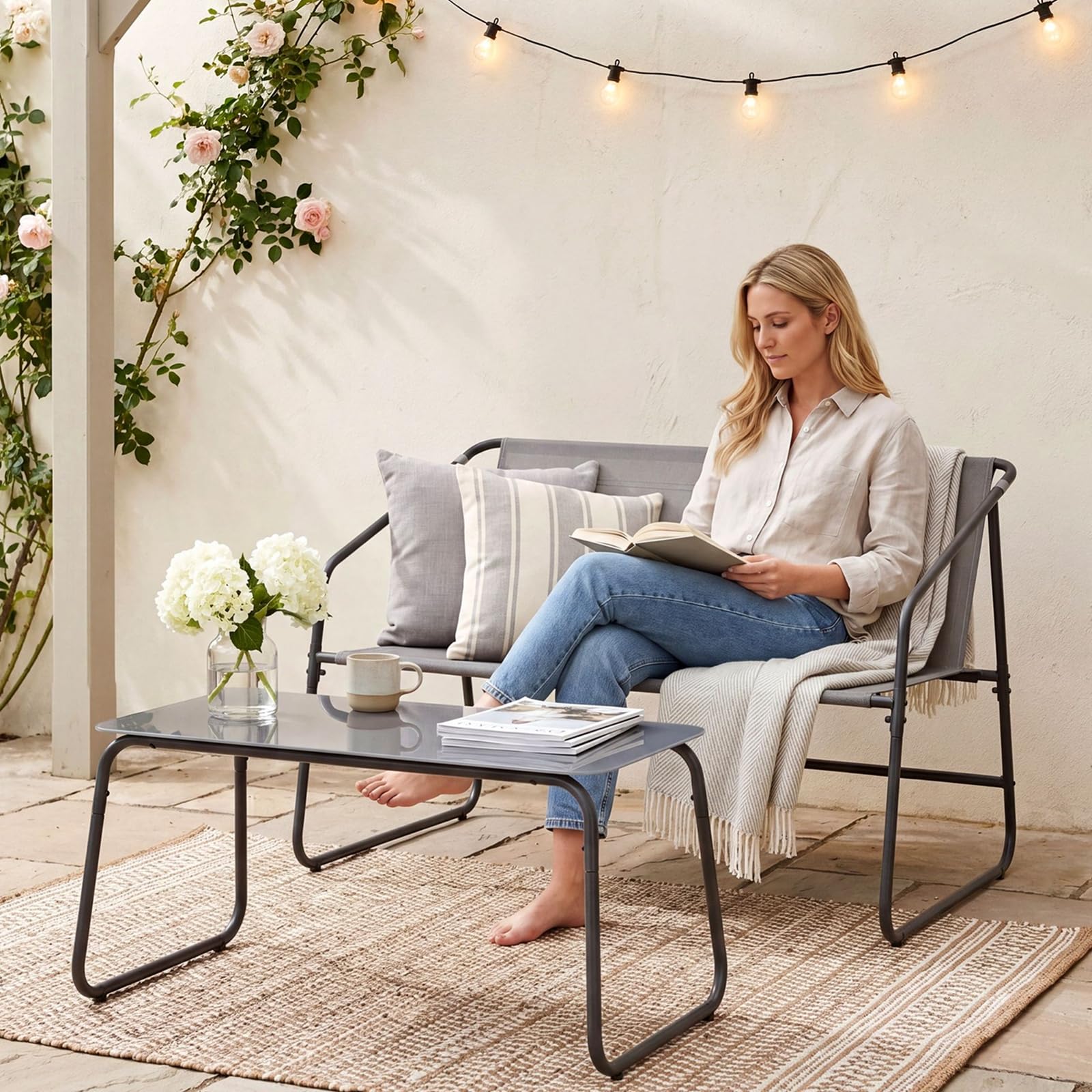 Clevich Set Salotto da Giardino 4 Pezzi in Textilene, Mobili da Esterno con Piedini Regolabili, Resistente agli Agenti Atmosferici, Adatto per Terrazzo, Giardino e Spazi Esterni, Grigio