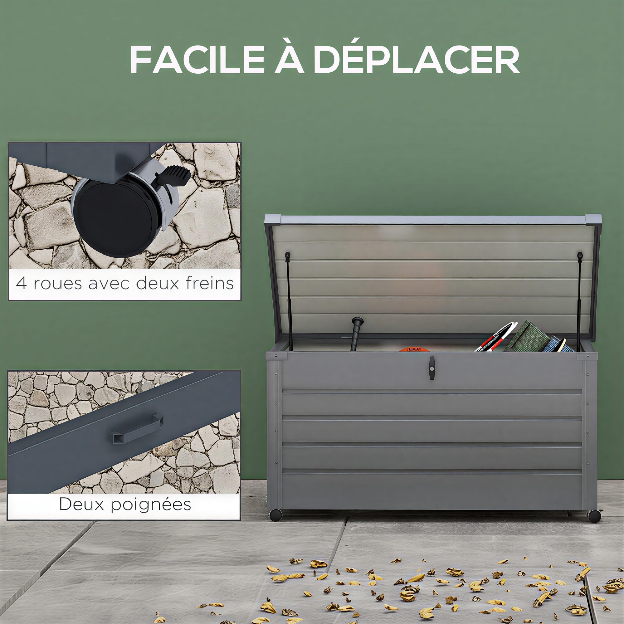 Outsunny Coffre de rangement extérieur 311L acier galvanisé roulettes vérin gaz poignée jardin 120x62x66 cm gris