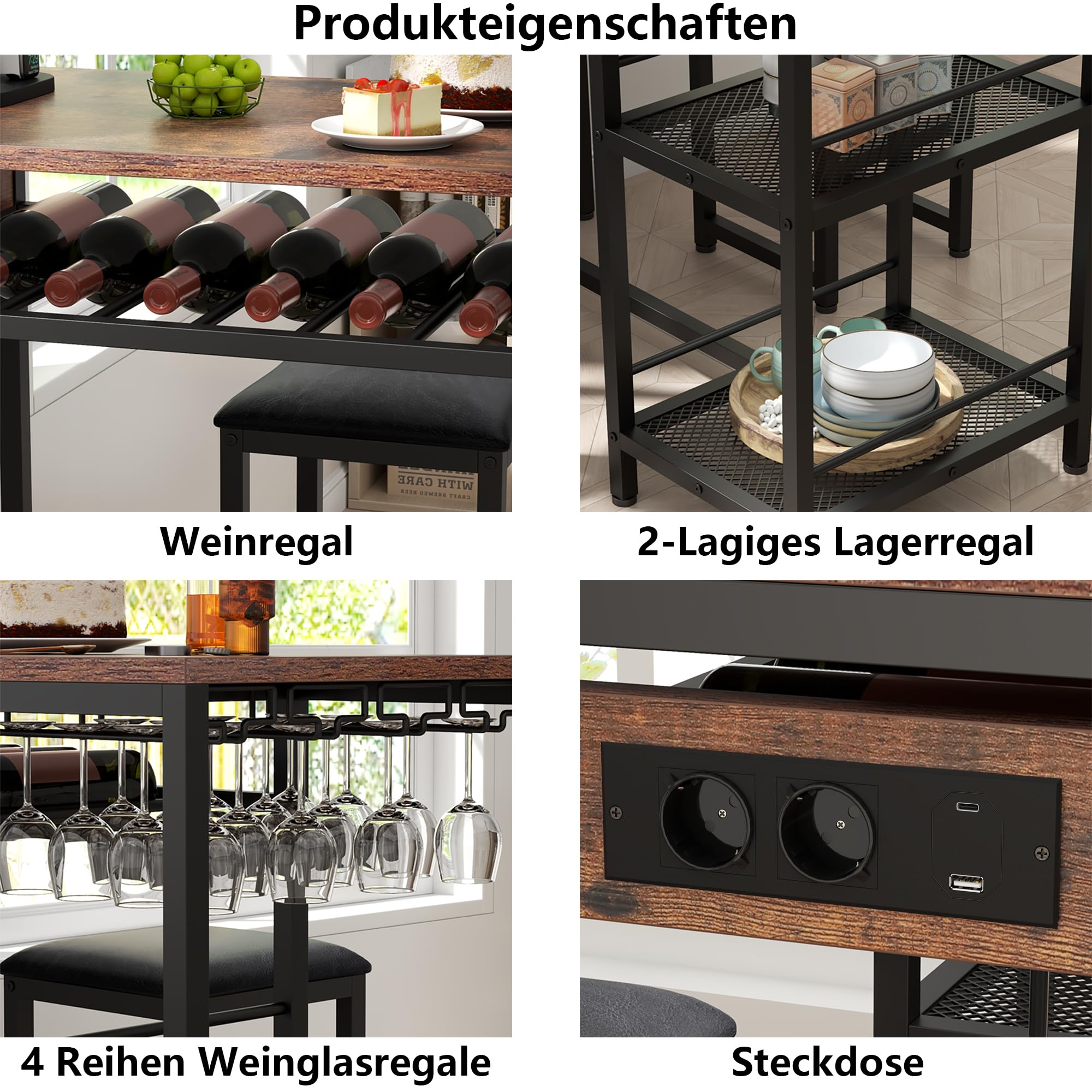 Gyfimoie Bartisch mit Barhocker Set, Stehtisch mit 2 Barhockern und Ladestation, Esstisch Set mit 2 Seitenregalen, Stahlgestell, Industrie-Design, Küchentisch für Esszimmer, Küche, Wohnzimmer