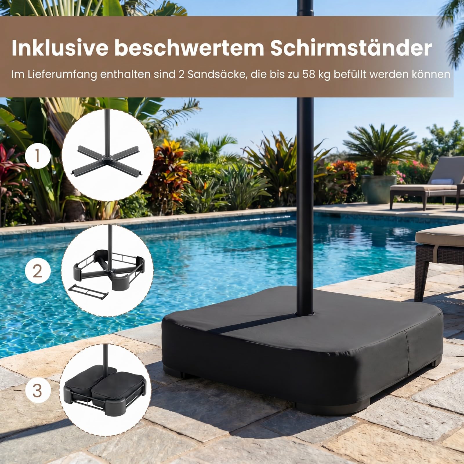COSTWAY Doppelsonnenschirm mit Ständer und LED-Solar-Beleuchtung, 450 x 260 cm, Sonnenschirm Groß XXL, UPF 50+, Gartenschirm mit Kurbel, Terrassenschirm, Marktschirm für Garten, Terrasse, Grau