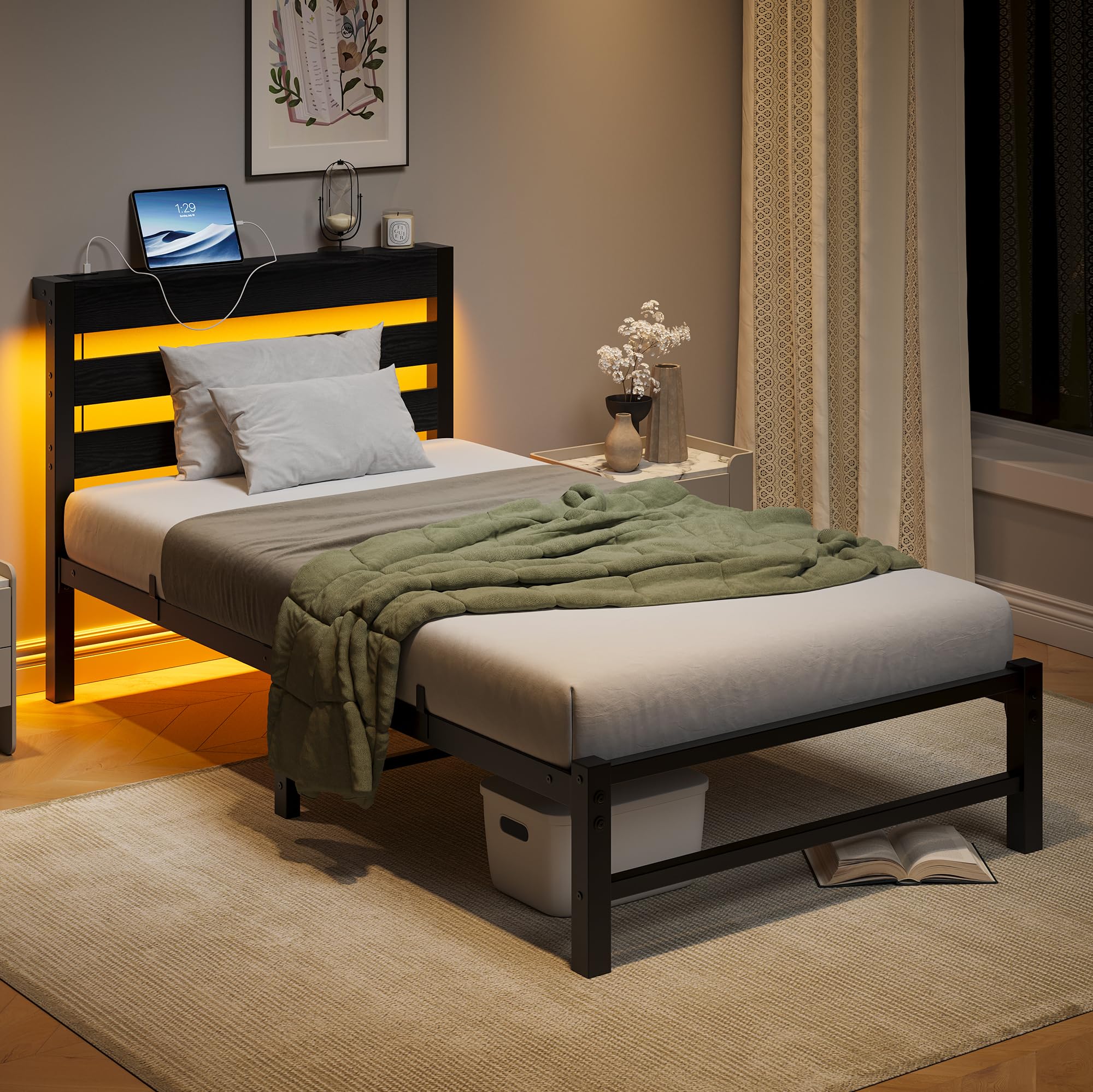 Bettgestell 90x200 cm mit LED, Metallbett mit USB-Ladestation & Holzkopfteil mit Stauraum, Gästebett Jugendbett Einzelbett mit Lattenrost aus Metall, Leicht zu Montieren, Schwarz