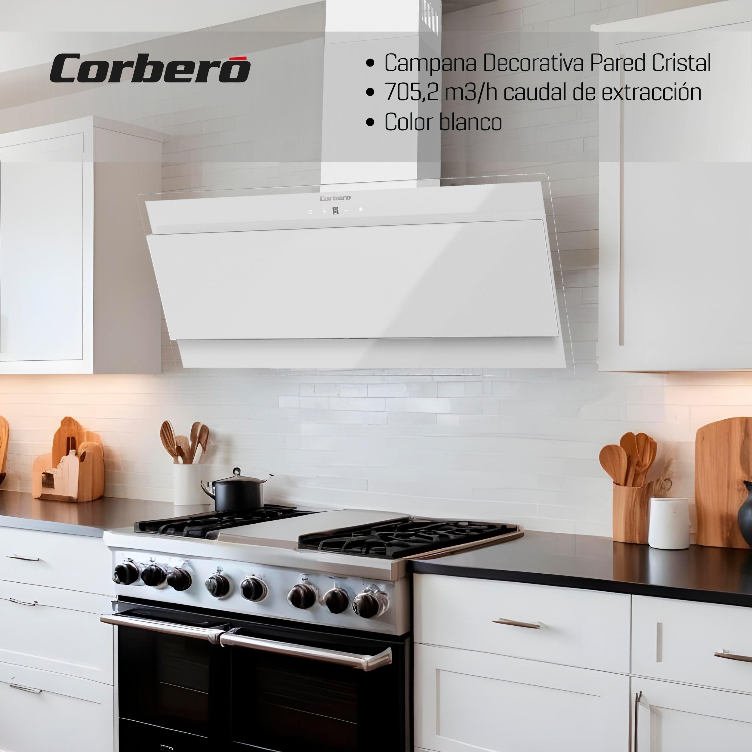 Corbero - Okap dekoracyjny 90 cm | ONEGA975W | 230 W | 3 prędkości | Sterowanie dotykowe | Przepływ 750 m3/h | Szkło hartowane | Filtr aluminiowy 3-warstwowy | Filtr węglowy biały | biały kryształ