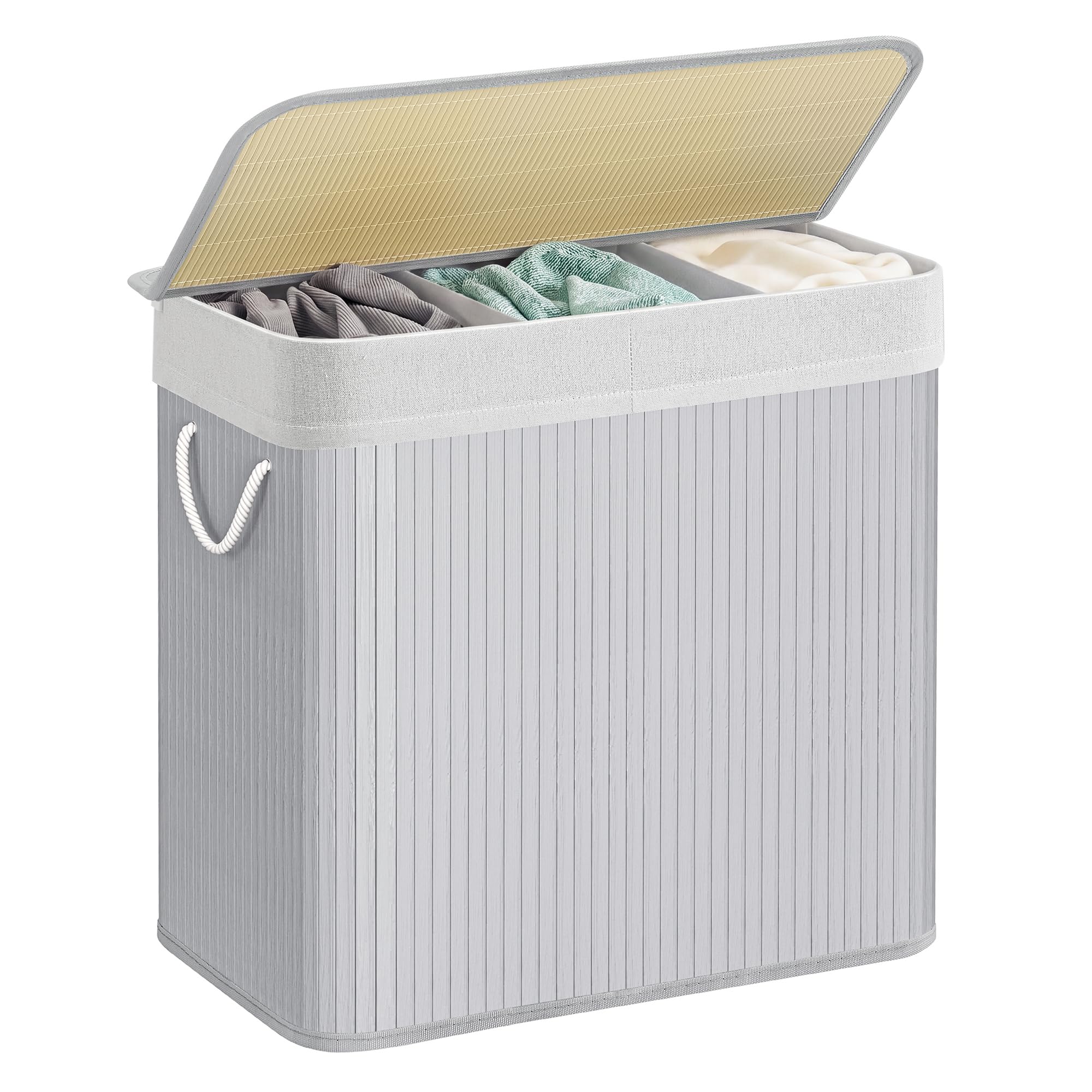 SONGMICS Laundry Hamper Basket with 3 Sections, Clip-on Lid and Handles, 150L Foldable, for Laundry Room, Bedroom, Bathroom, Grey LCB091G01