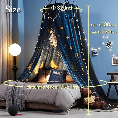 Miniatura 4 de Kertnic Precioso toldo de cama con estampado de estrellas para niñas y adultos, cortinas decorativas para habitación, cúpula redonda, lujosas