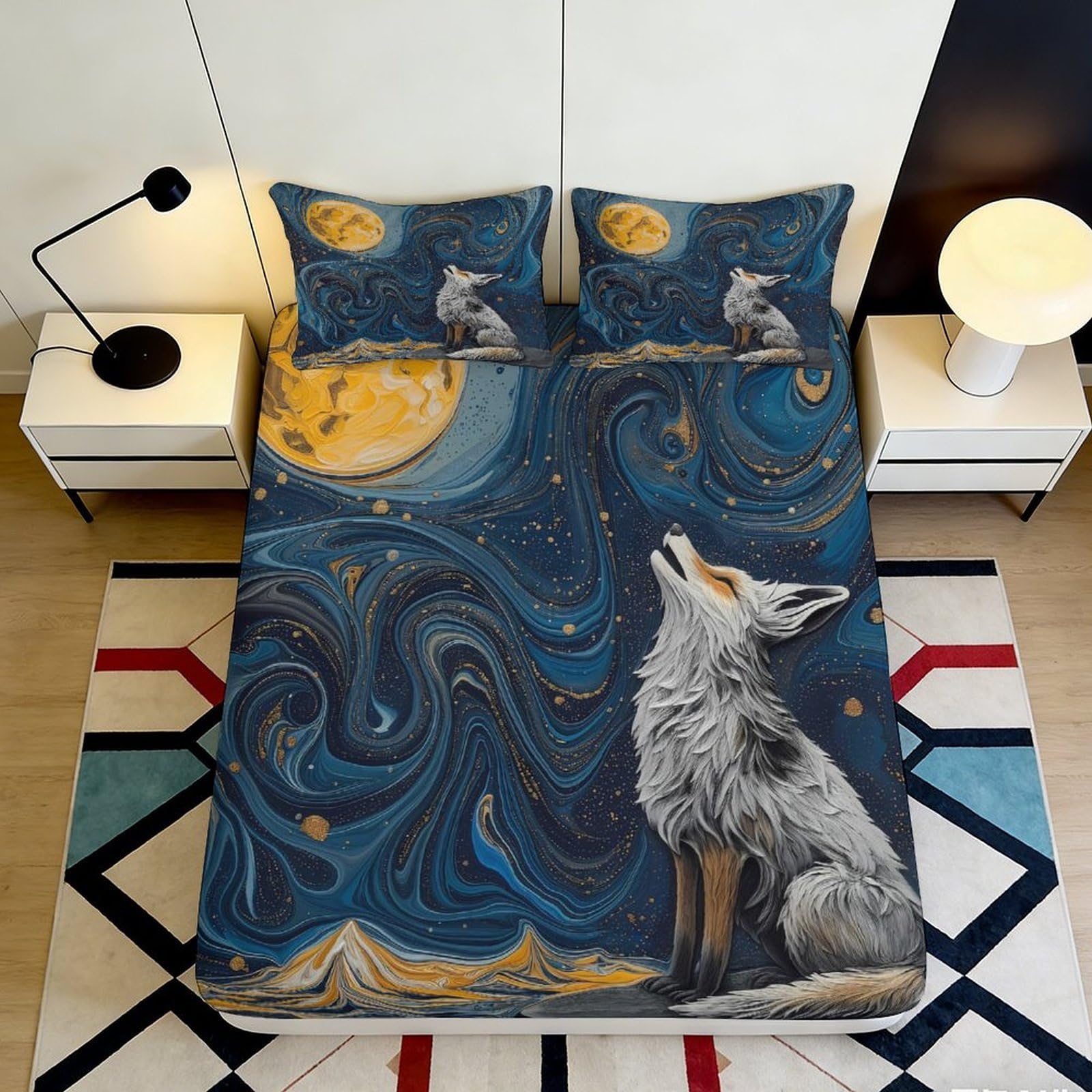 3D Printed Starry Moon Fitted Sheet Microfiber Soft Durable Cosmic Swirl Bed Cover for Bedroom Dormitory Home Mattress Protection Decoration 120x200x25cm