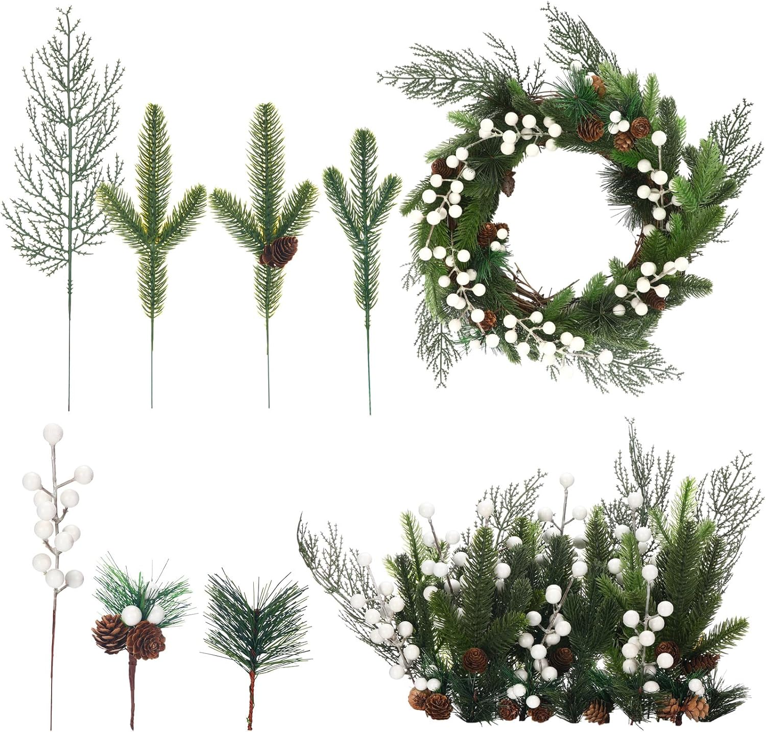 200 Pcs Christmas Artificial Pine Needles Branches Garland Berries Stems Greenery Picks with Pinecone Artificial Pine Picks with Berries and Natural Pinecones for Xmas Wreath DIY(White)