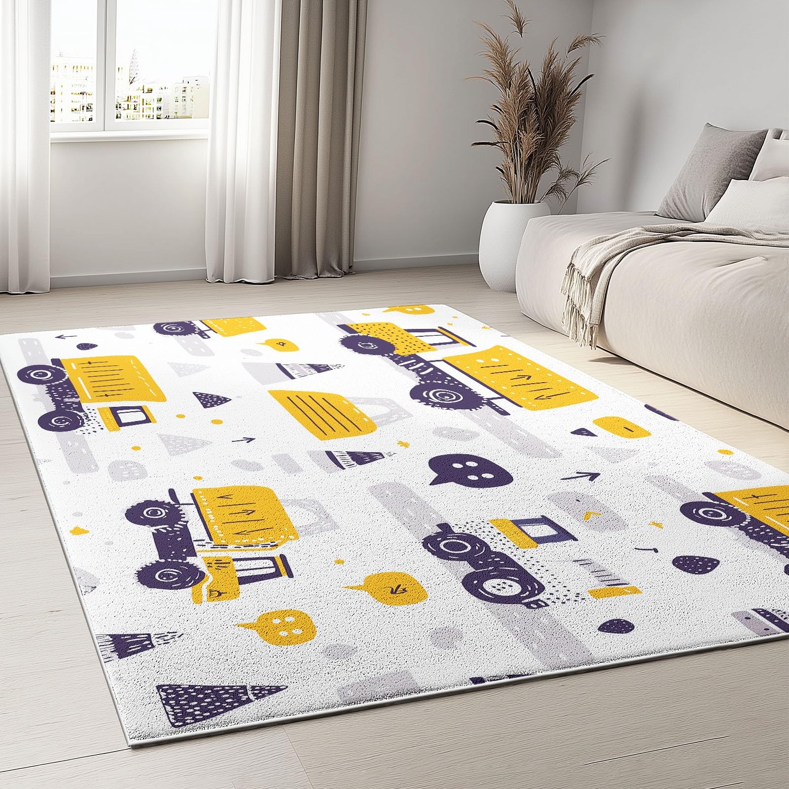 Tappeto Lavabile 160 x 230 cm Cartoon Giocattoli Veicoli da Costruzione, Tappeto Antiscivolo Pelo Corto Bianco - Tappeti Antimacchia Resistente, Tappeti per Soggiorno Cameretta Bambini Animali