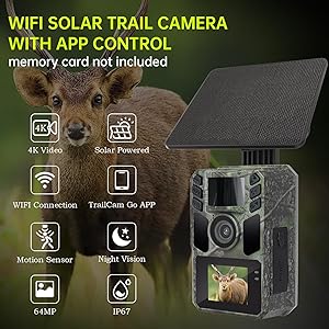 FKPCAM Trail Camera 4K 64MP Solar WiFi Game Hunting Camera with Night Vision Built-in 5000mAh Battery, IP67 Waterproof, Motion Activated, 64GB Memory Card