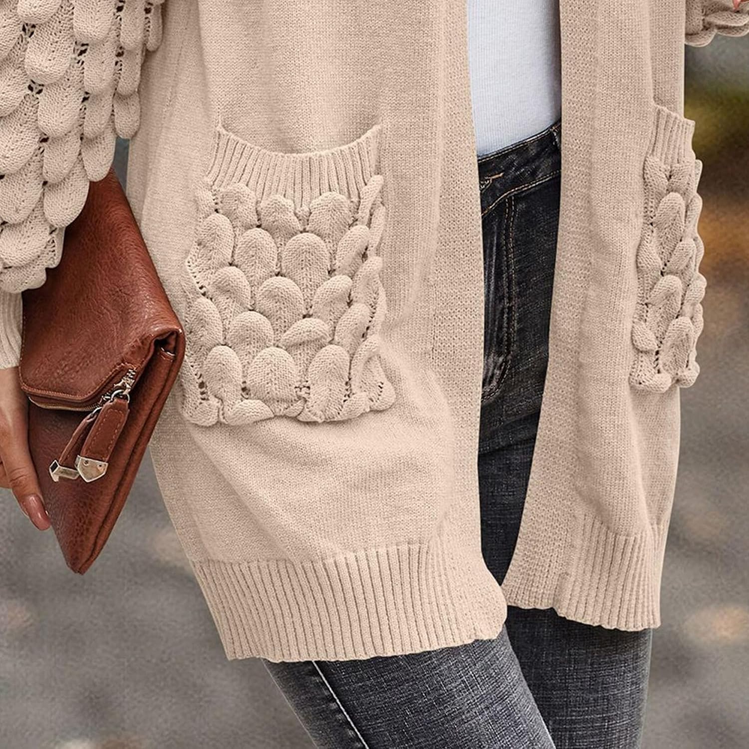 Open Front Cardigans for Women Casual V Neck Long Sleeve Sweater Tops Fashion Solid Color Coat Outwear with Pocket