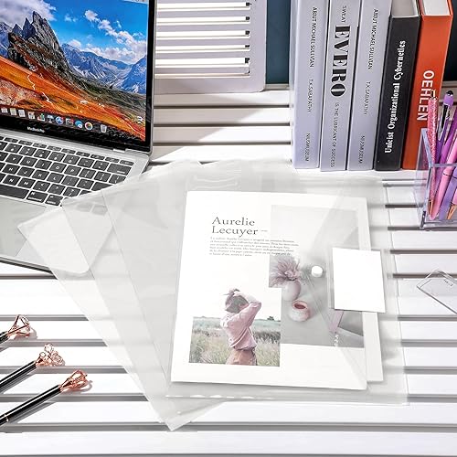 Miniatura 5 de Yeaqee 50 sobres de plástico de polietileno con cierre de botón a presión, carpetas transparentes para documentos, tamaño A4, tamaño A4, con