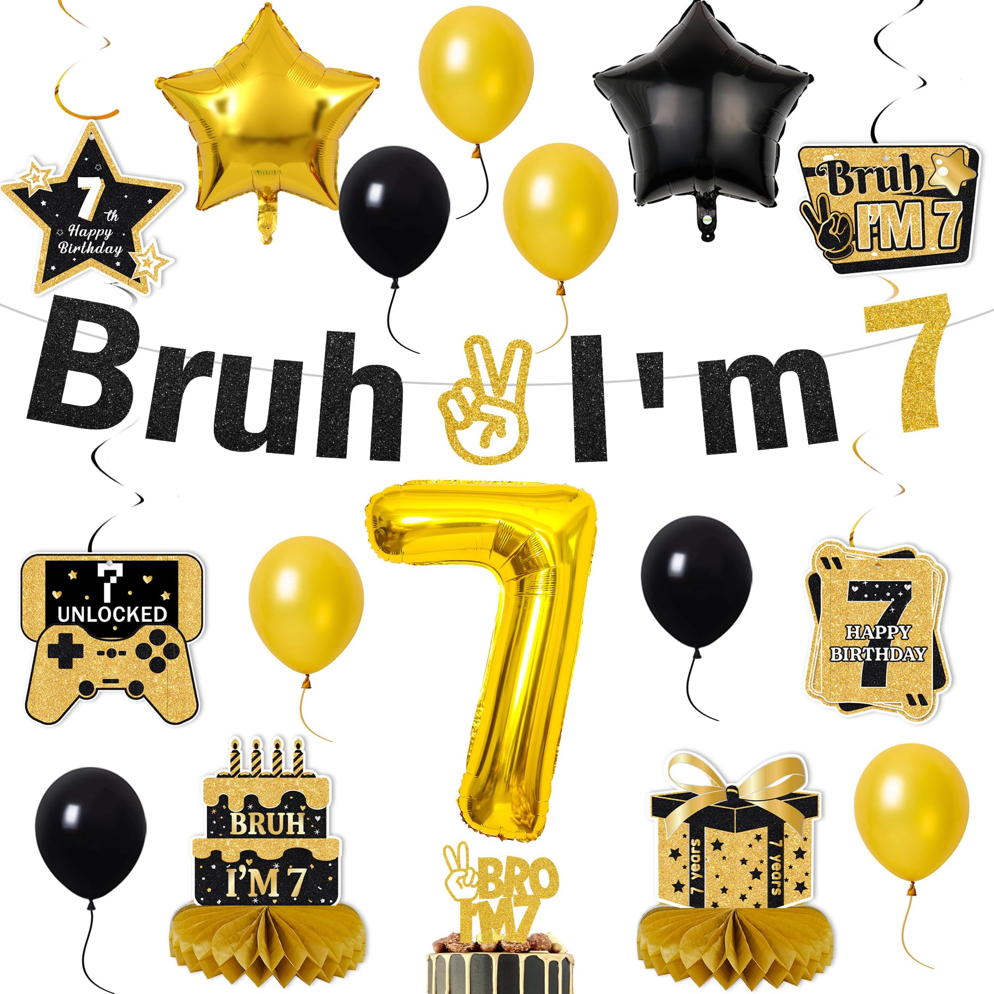 Bruh 7th Birthday Decorations for Boys- Bruh I'm 7 Banner Number Heart Balloons Honeycomb Centrepieces, Cake Topper Black Gold 7 Years Old Boys Party Supplies