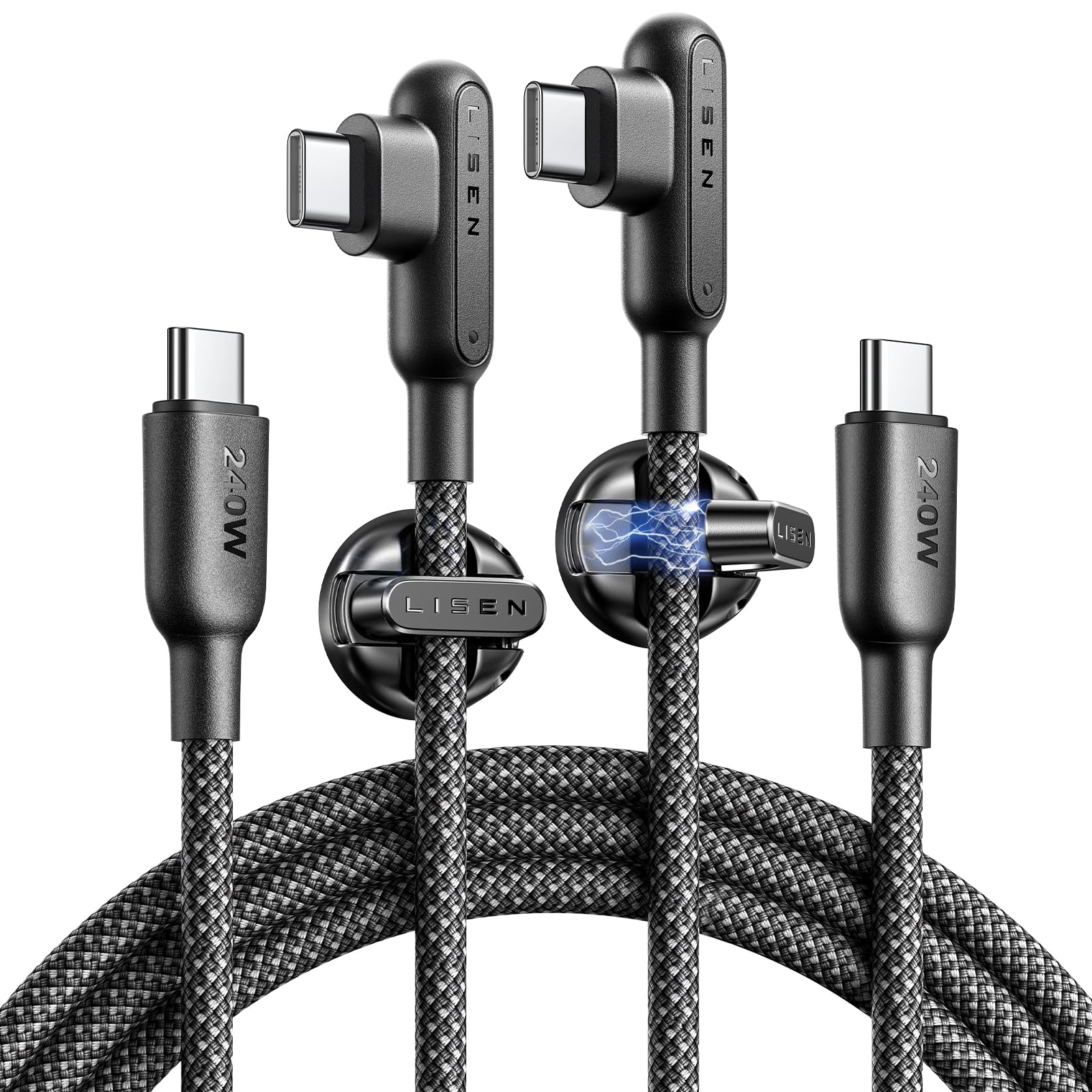 LISEN 240W USB C to USB C Cable [2Pack/6.6ft, 2 Cable Clips] Right Angle Type C Charger Fast Charging for MacBook Pro/Air, HP, Dell, iPad Air 5, iPhone 16 15 Pro Max, Galaxy S25, Compatible 100W/60W