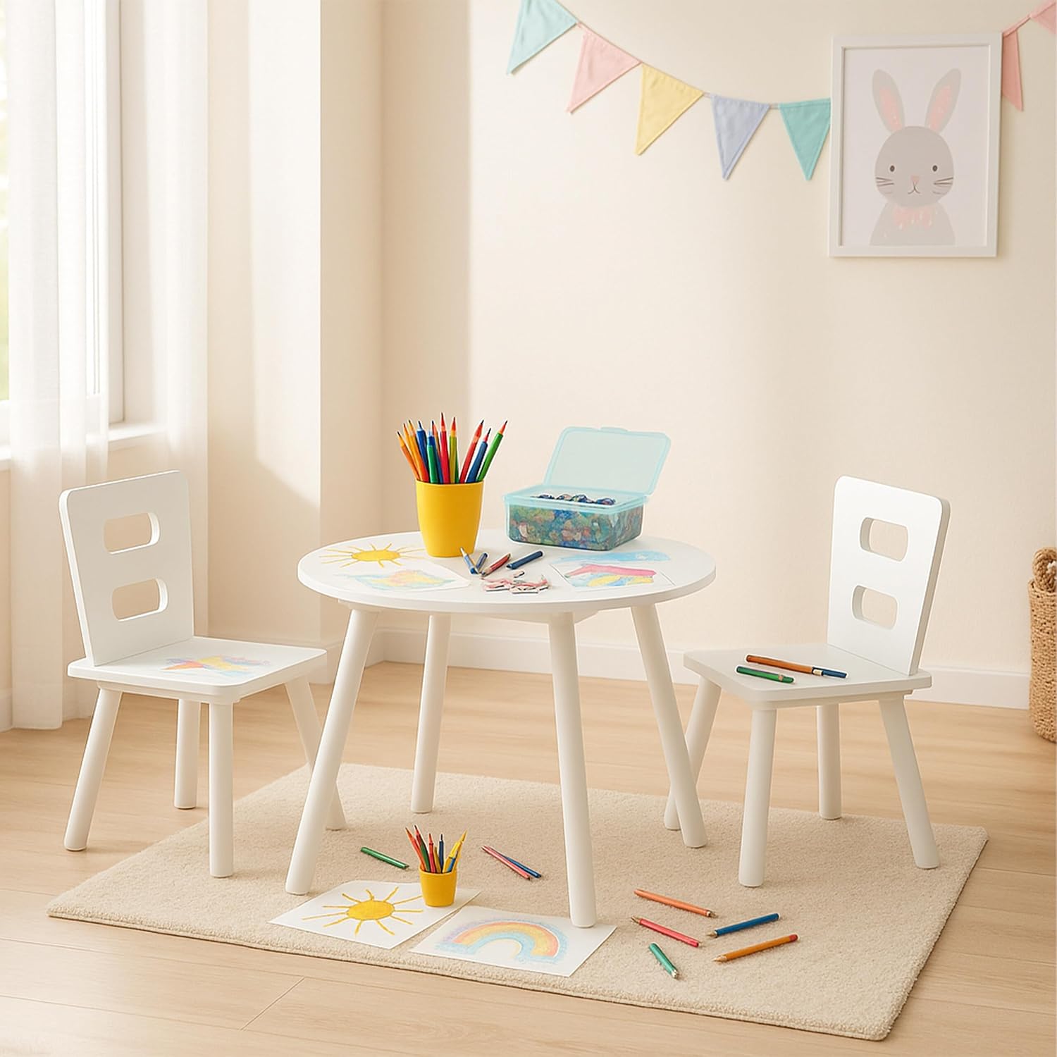 Relaxdays children's seating set, kids' table with 2 chairs, storage space, for boys and girls, kids' corner, MDF, white