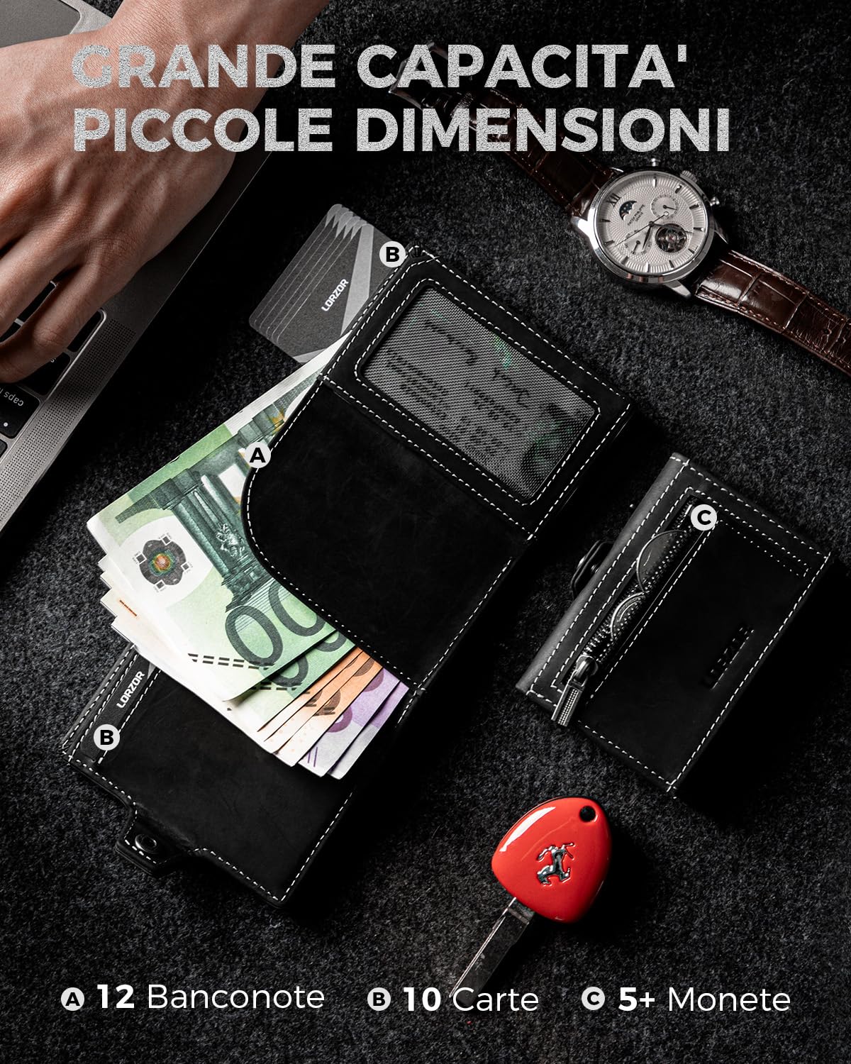 LORZOR Portafoglio Uomo Pelle, Porta Carte di Credito con Protezione RFID & Portamonete, Porta Tessere Tascabile, Portacarte Uomo Pop-up Contenere 10 Carte,con Scomparto per Contanti