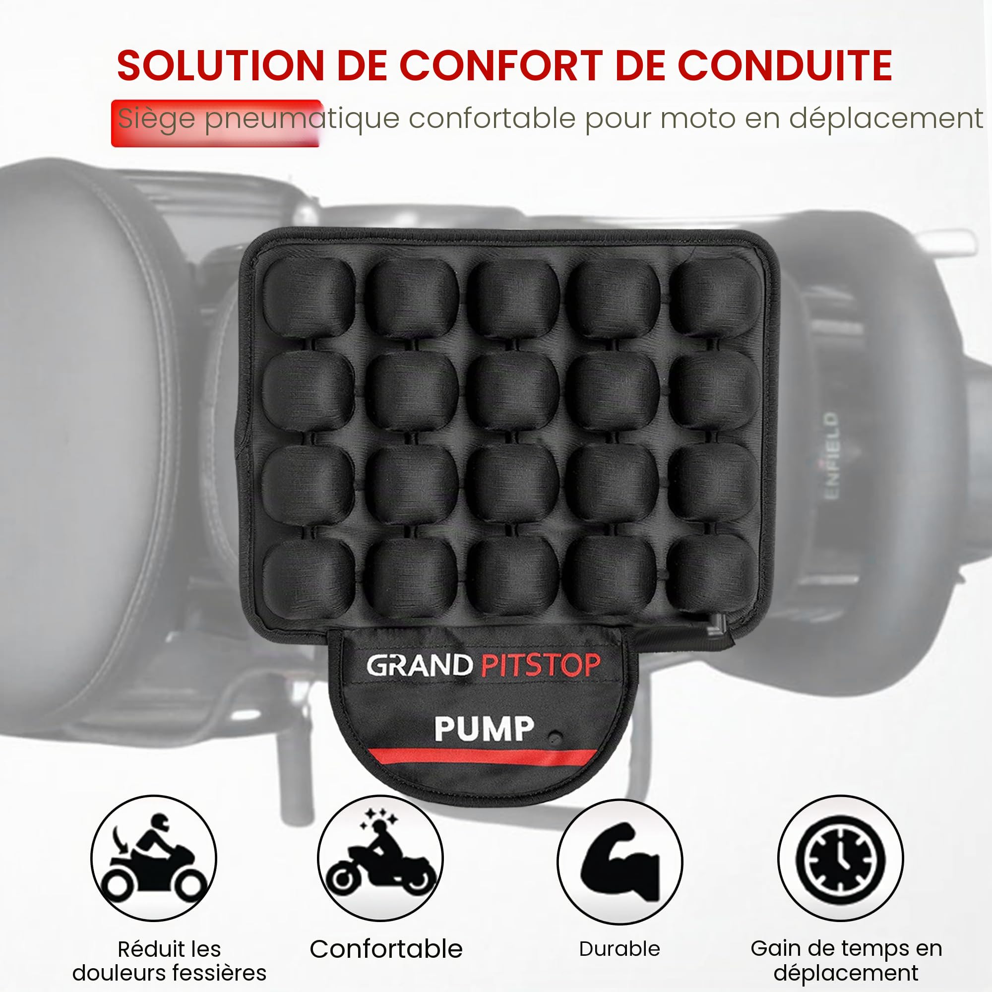 GRAND PITSTOP Coussin de siège gonflable de moto avec pompe de remplissage d'air, coussins d'air gonflables à bulles avec housse en maille respirante et fond antidérapant, compatible avec siège