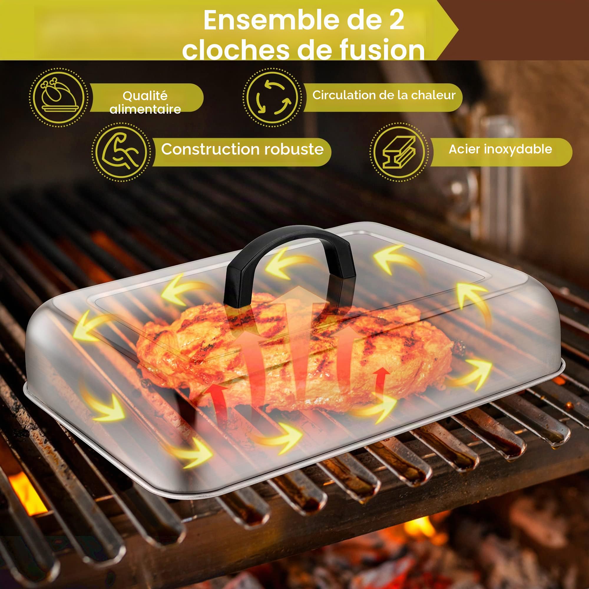 Herogo Lot de 2 bombes de cuisson rectangulaires en acier inoxydable avec poignée résistante à la chaleur, idéales pour barbecue, grill à dessus plat, passe au lave-vaisselle, Argenté.