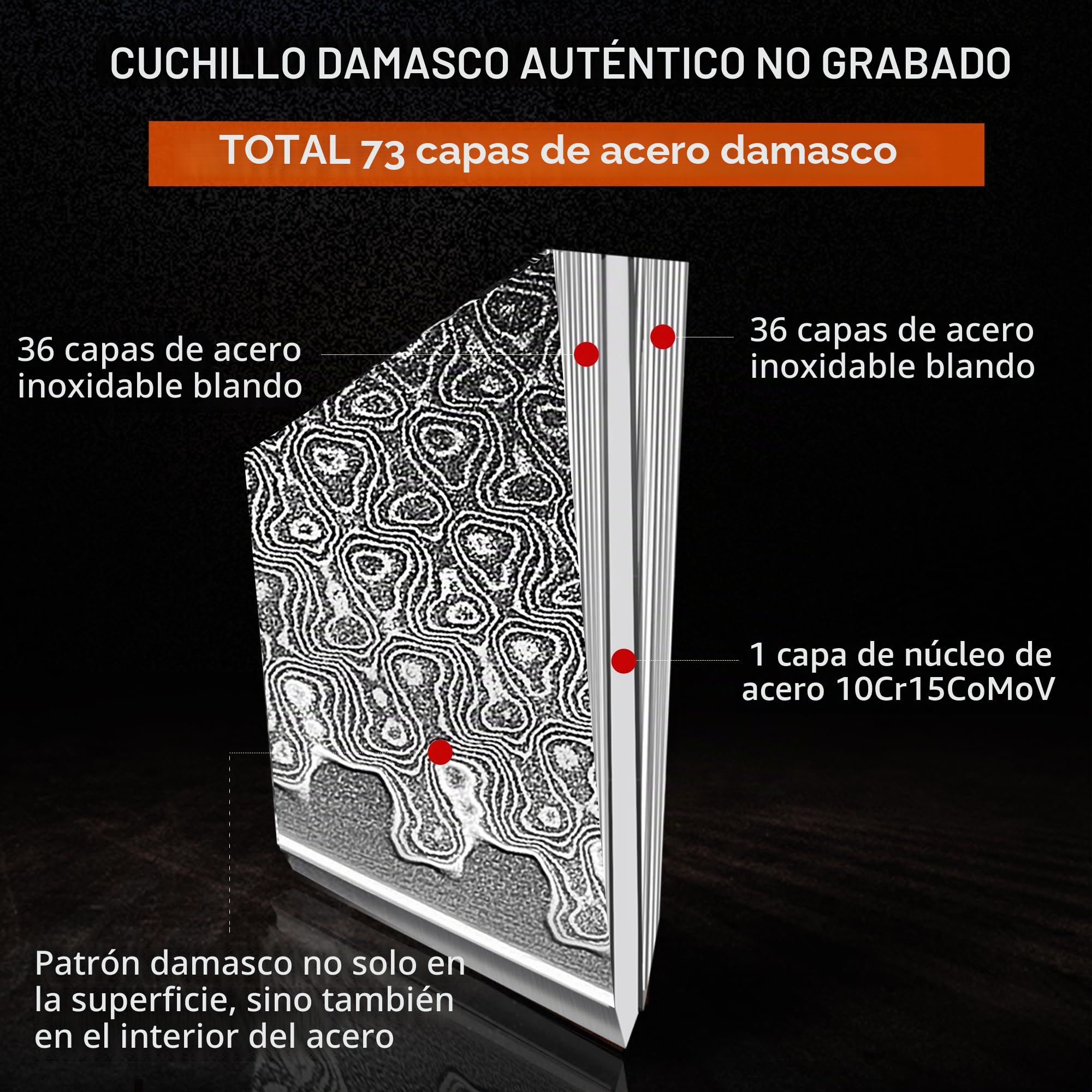 Kitory Cuchillo de Chef Damasco 20cm, Cuchillo Cocina de Acero Damasco de 73 capas, Cuchillo de Cocinero Ultra Afilado con Mango Ergonómico de Madera de Pakka - Serie Pro Damasco
