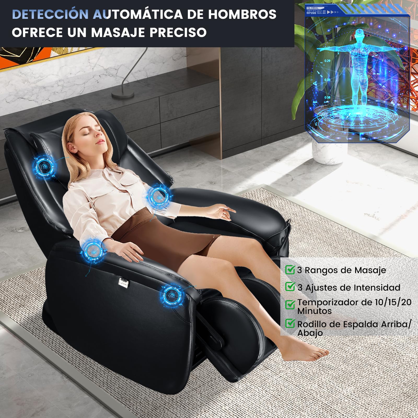GOPLUS Sillón de Masaje de Pista SL, Reclinable de Cuerpo Completo con Gravedad Cero y Calentador de Cintura, Detección Automática de Hombros, Control Remoto, Ruedas y Almohada (Negro)