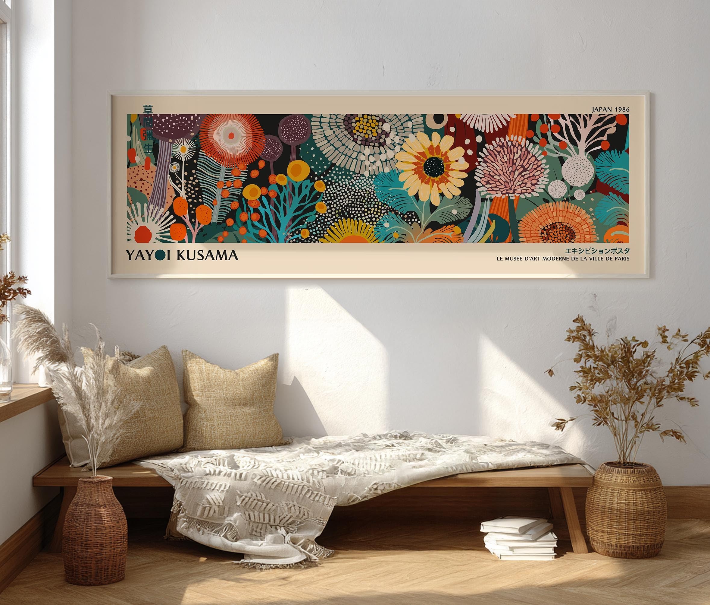 YUSUZHU Quadro panoramico su tela di Yayoi Kusama: grandi stampe Japandi da appendere sopra il divano o il letto per decorare il soggiorno (55x110 cm/cornice interna)