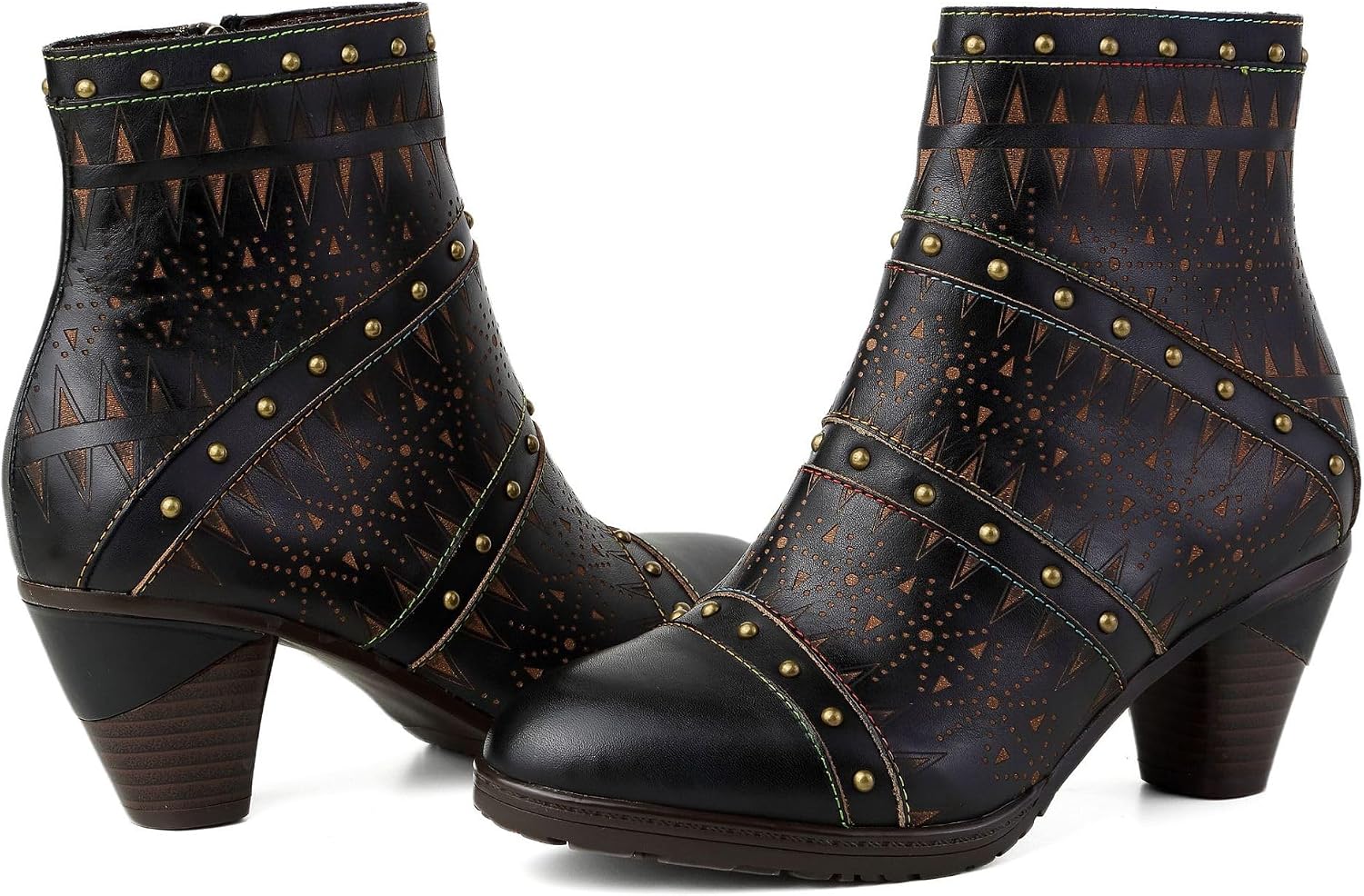 Socofy Ankle Boots for Women Autumn Winter Block Heel Leather Boots Bohemian Floral Pattern Boots Outdoor Anti-Slip Side Zipper Walking Boots for Wedding Party Dress