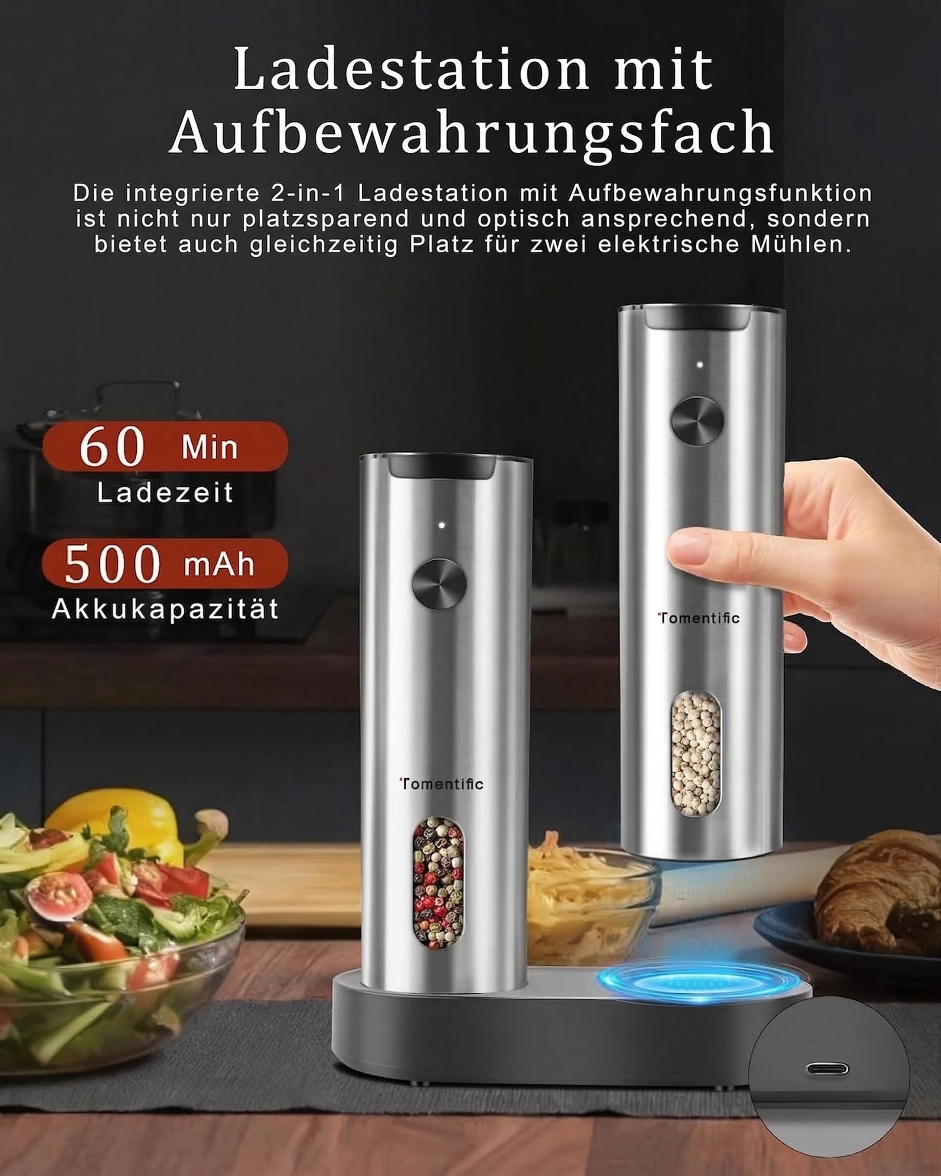 Salz und Pfeffermühle Elektrisch, Elektrische Gewürzmühle Set USB Wiederaufladbar Rostfreier Stahl mit Ladestation/6-Stufige Mahlgradeinstellung/Led-Licht, Küchenhelfer für die Küche