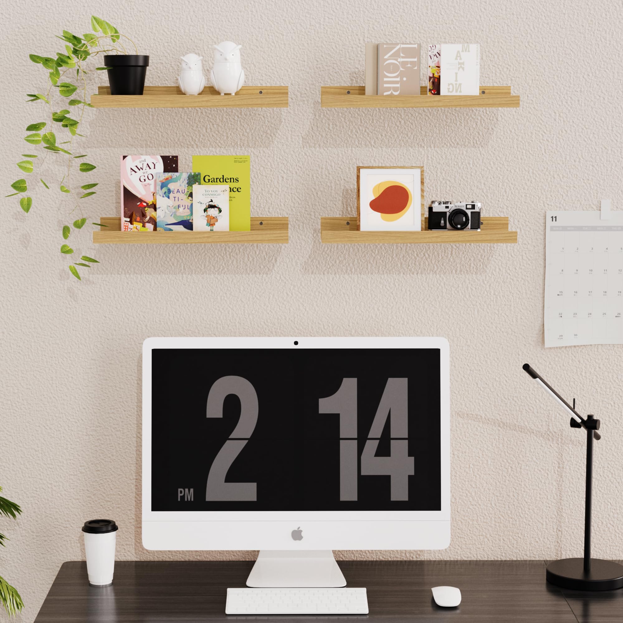 XEAPOMS Floating Shelves for Wall Set of 4, Display Wall Shelves for Wall Decor, Wall Mounted Bathroom Shelves with Lip, Modern Picture Ledge Shelf for Bathroom, Bedroom, Living Room Decor-Light Brown