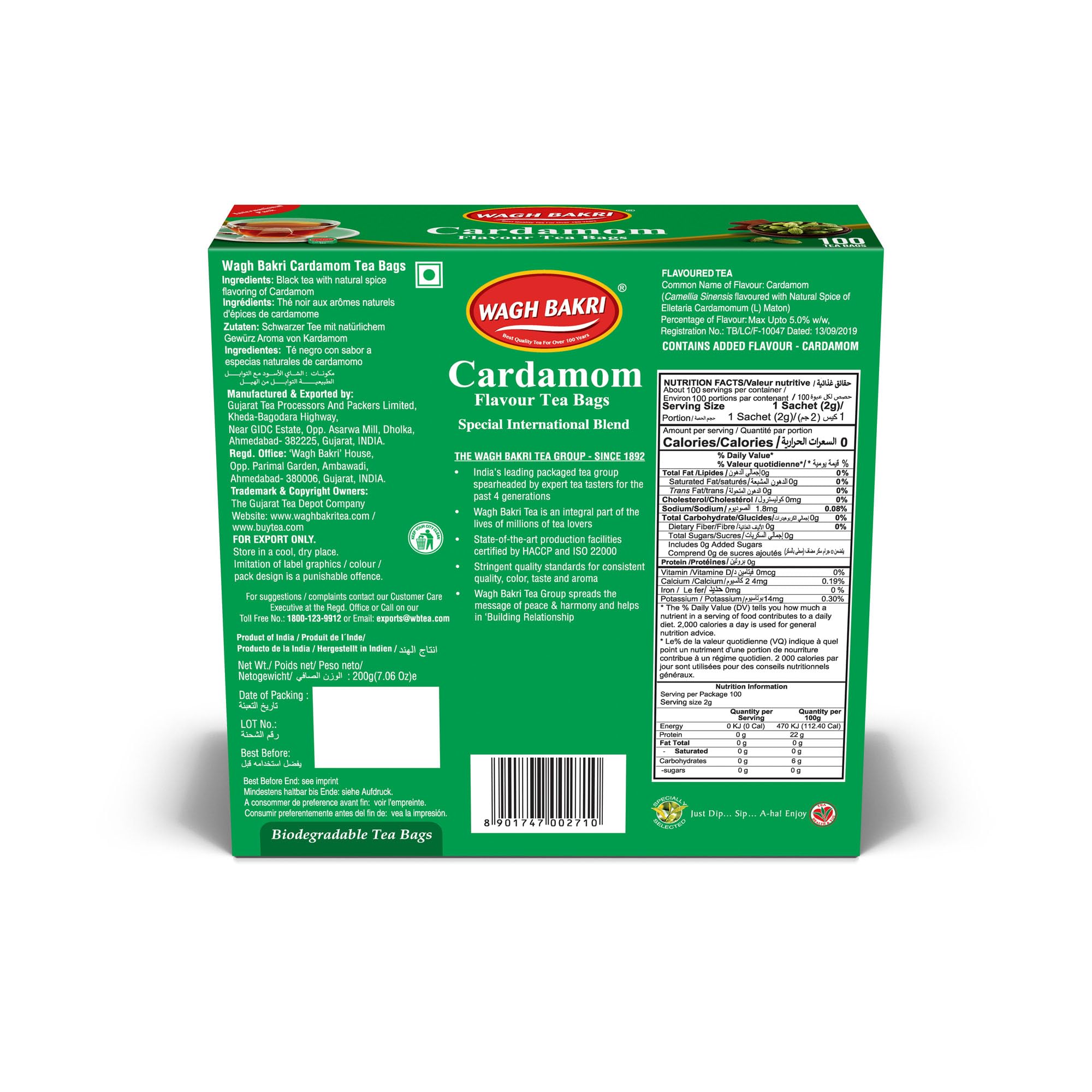 Wagh Bakri Cardamom Flavour Tea bags, 100 Tea Bags of Special International Blend, 200 grams