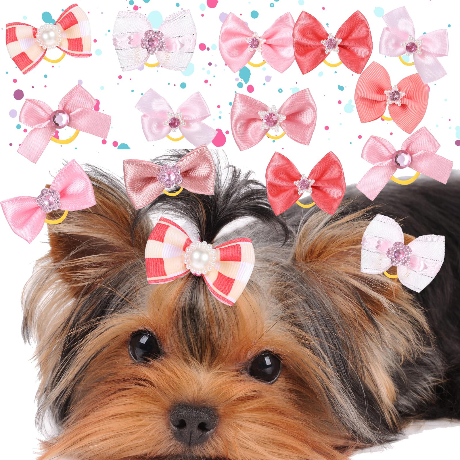 TIESOME 20 PCS Dog Hair Bows with Rubber Bands, Pink Small Size Cute Puppy Hair Bows Multiple Style Elastic Pet Puppy Clip for Holiday Daily for Yorkie Pomeranian Dogs