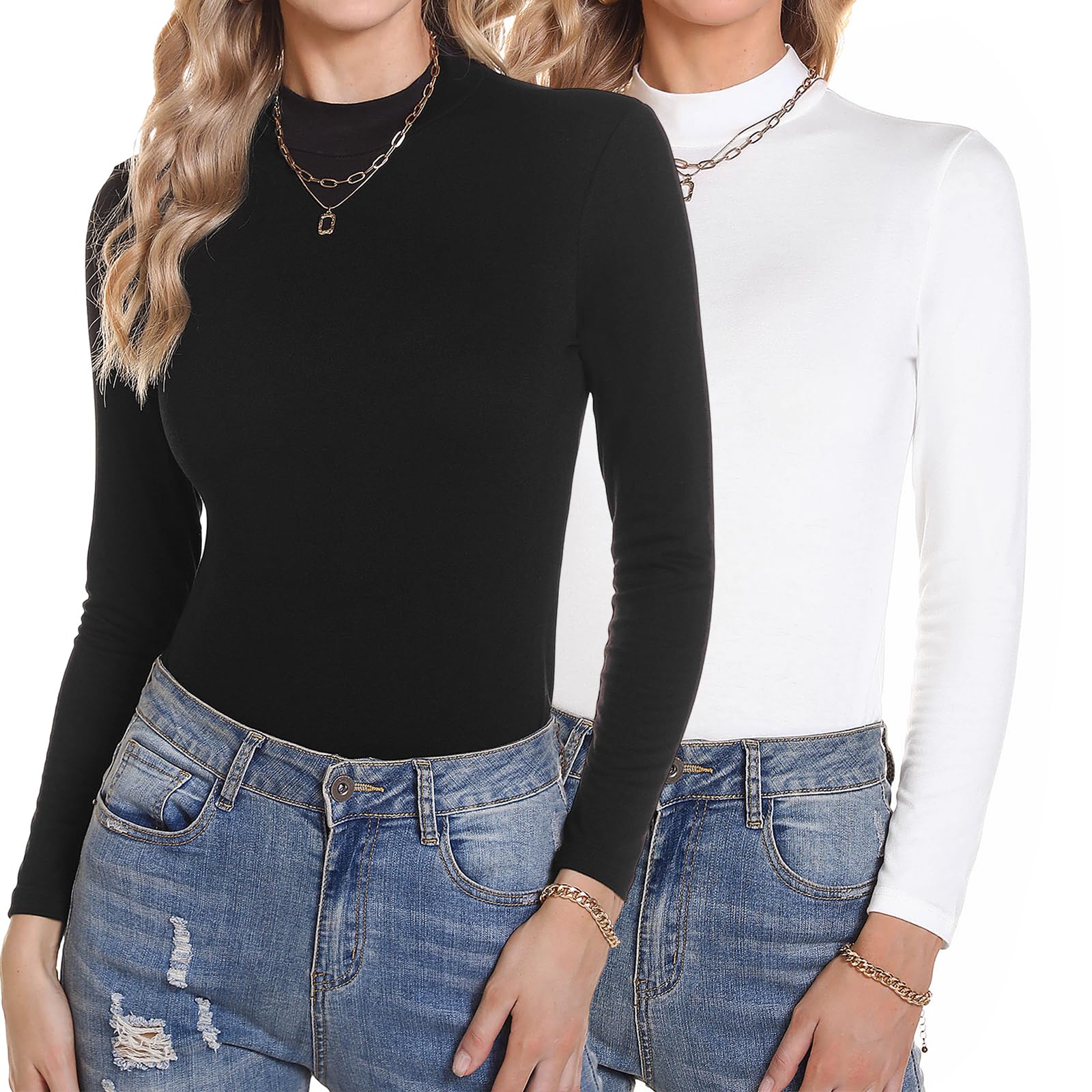 Aottori Damen 2 Pack Langarmshirt Set Stehkragen Rollkragenshirt Baumwolle Elegant Basic Oberteile Langarm Unterhemd Winter T-Shirt Stretch Tops