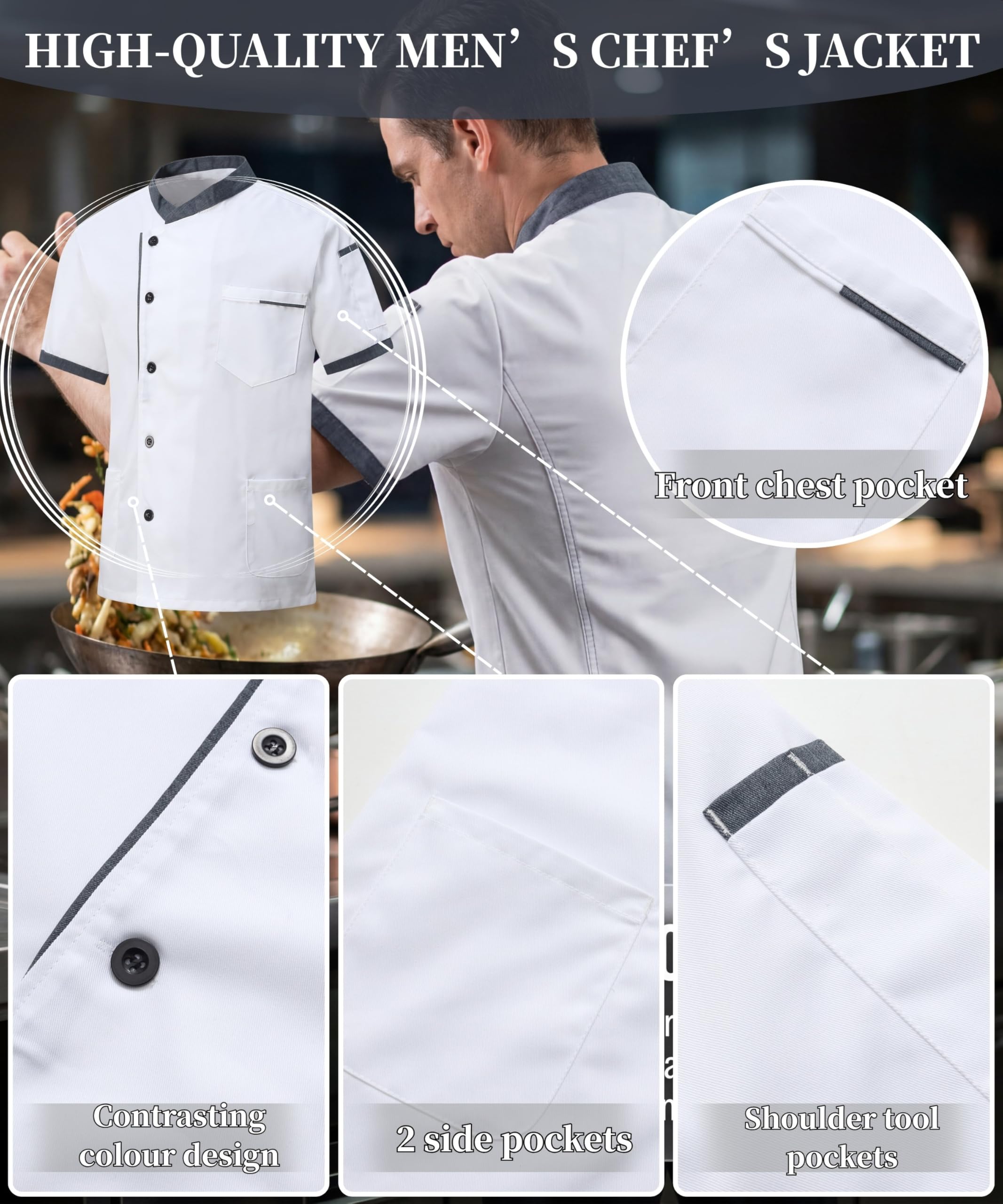 Giacca da Cuoco da Uomo in Cotone Traspirante Ristorante Divisa Maniche Corte Leggera Uniforme Cuoco Professionale Ristorante Giacca per Hotel Panetteria - 3