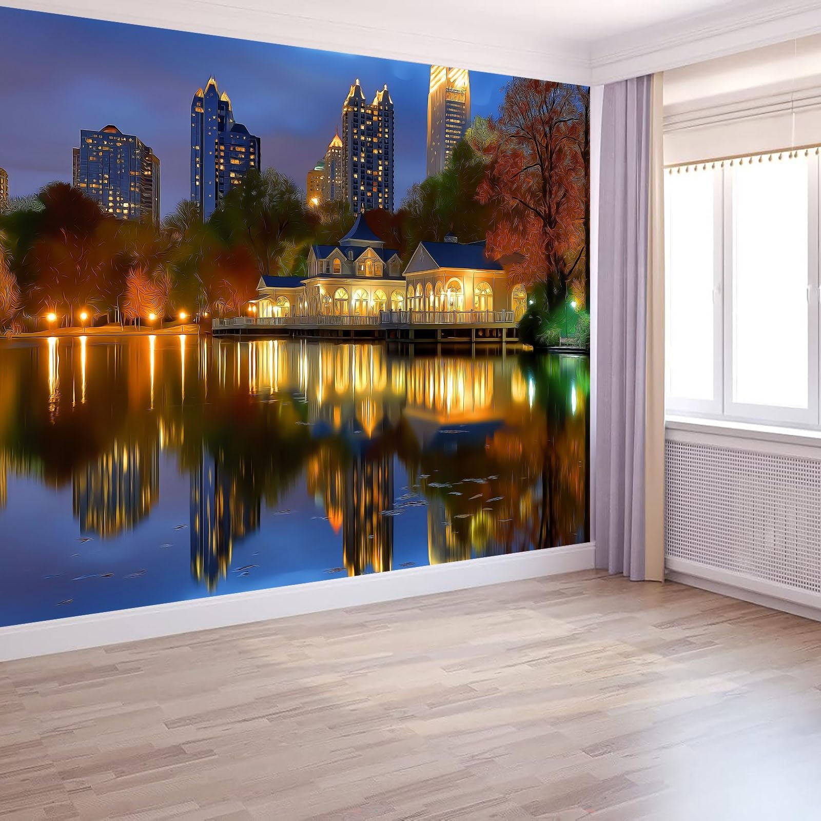 Fototapeta nowoczesna panorama miasta nad jeziorem scena nocna, duża panoramiczna tapeta z włókniny, niebieski fototapeta do salonu i sypialni 200 x 140 cm
