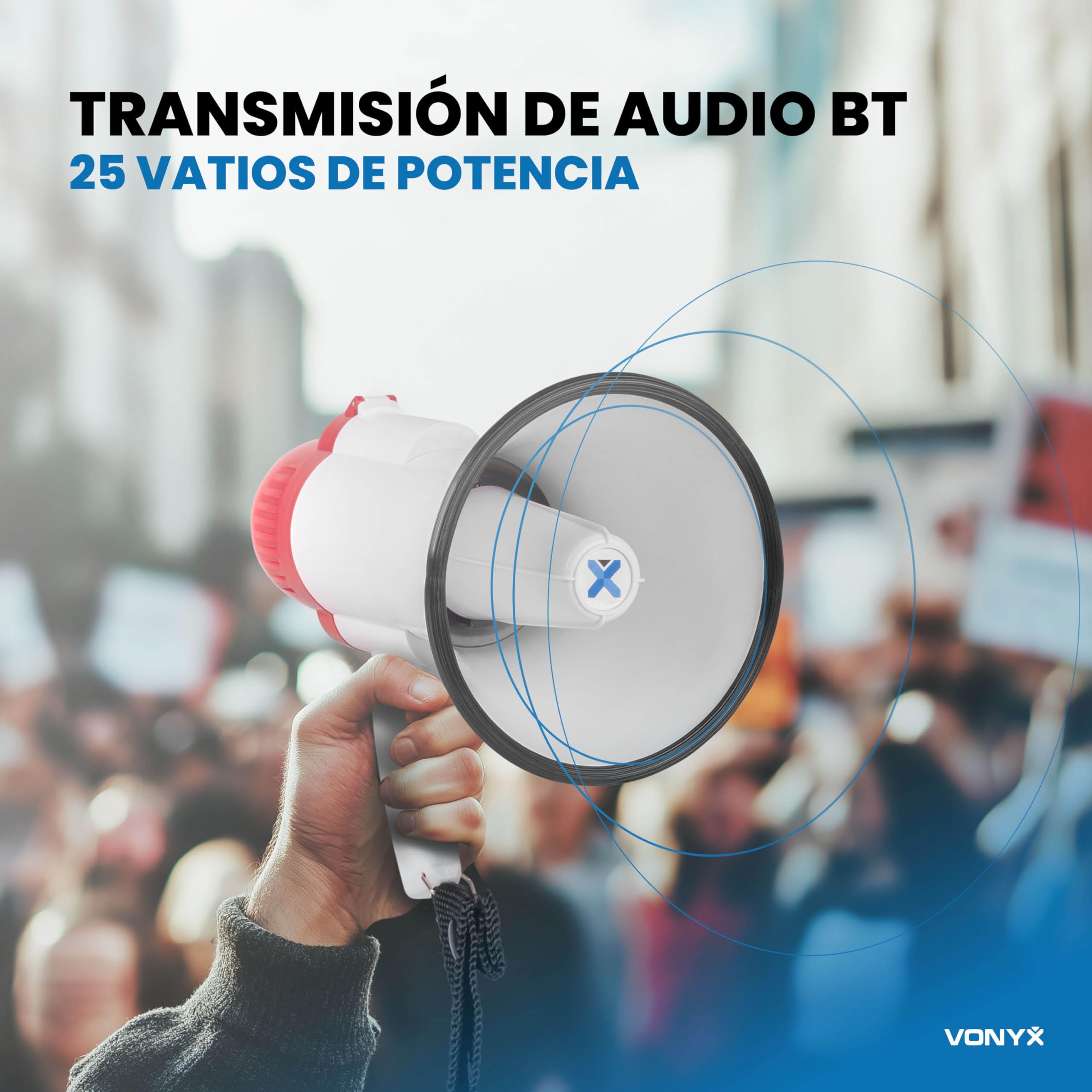 Vonyx MEG025 Megáfono Portátil con Bluetooth de 25W, 800m de Alcance, entradas USB/MicroSD, Sirena, Función de grabación, Megáfono de Mano con Batería Recargable para Eventos en Interior/Exterior