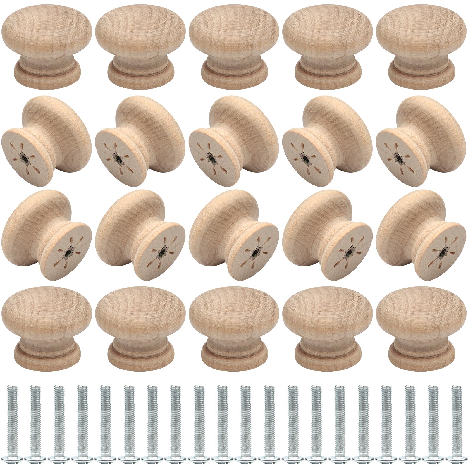 Roellgs20PCS Wooden Knob, 35MM Round Vintage Drawer Knob, Wooden Kitchen Cabinet Door Drawer Handle, Wardrobe Furniture Screw Door Handle (35mm)