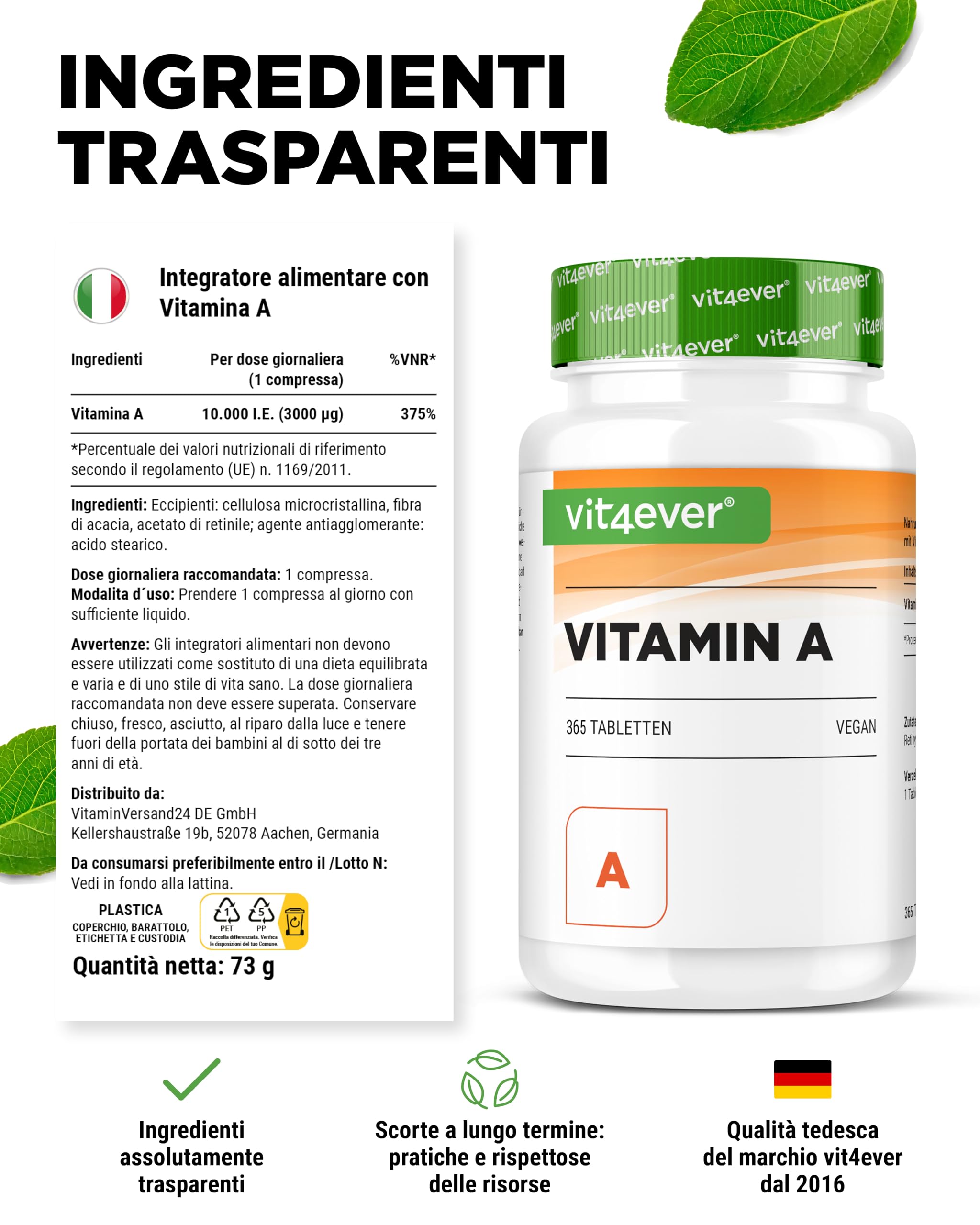 vit4ever Vitamina A - 10.000 U.I. (3000 µg) - 365 compresse - Alternativa alle capsule - Acetato di retinile ad alto dosaggio - Senza additivi inutili - Occhi, pelle, sistema immunitario - Vegan