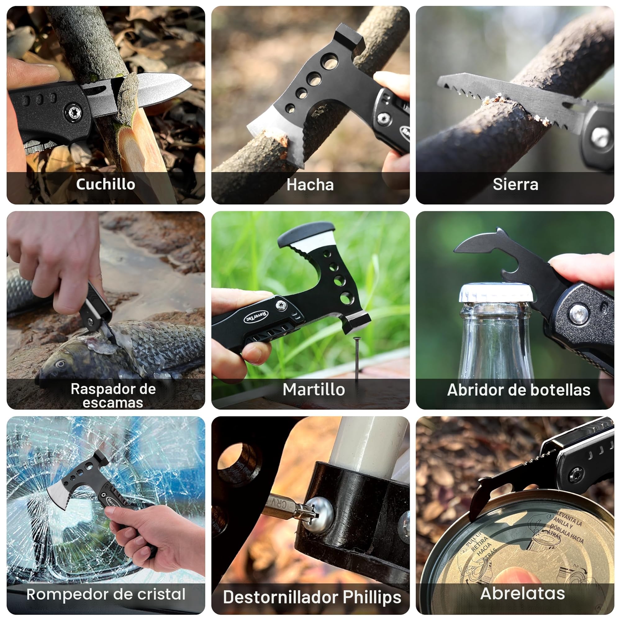 RoverTac Kit de herramientas de supervivencia de equipo de camping Multi Tool Set, hacha multiherramienta 11 en 1, linterna led de alto lúmen, cuchillo de bolsillo, regalos para hombres