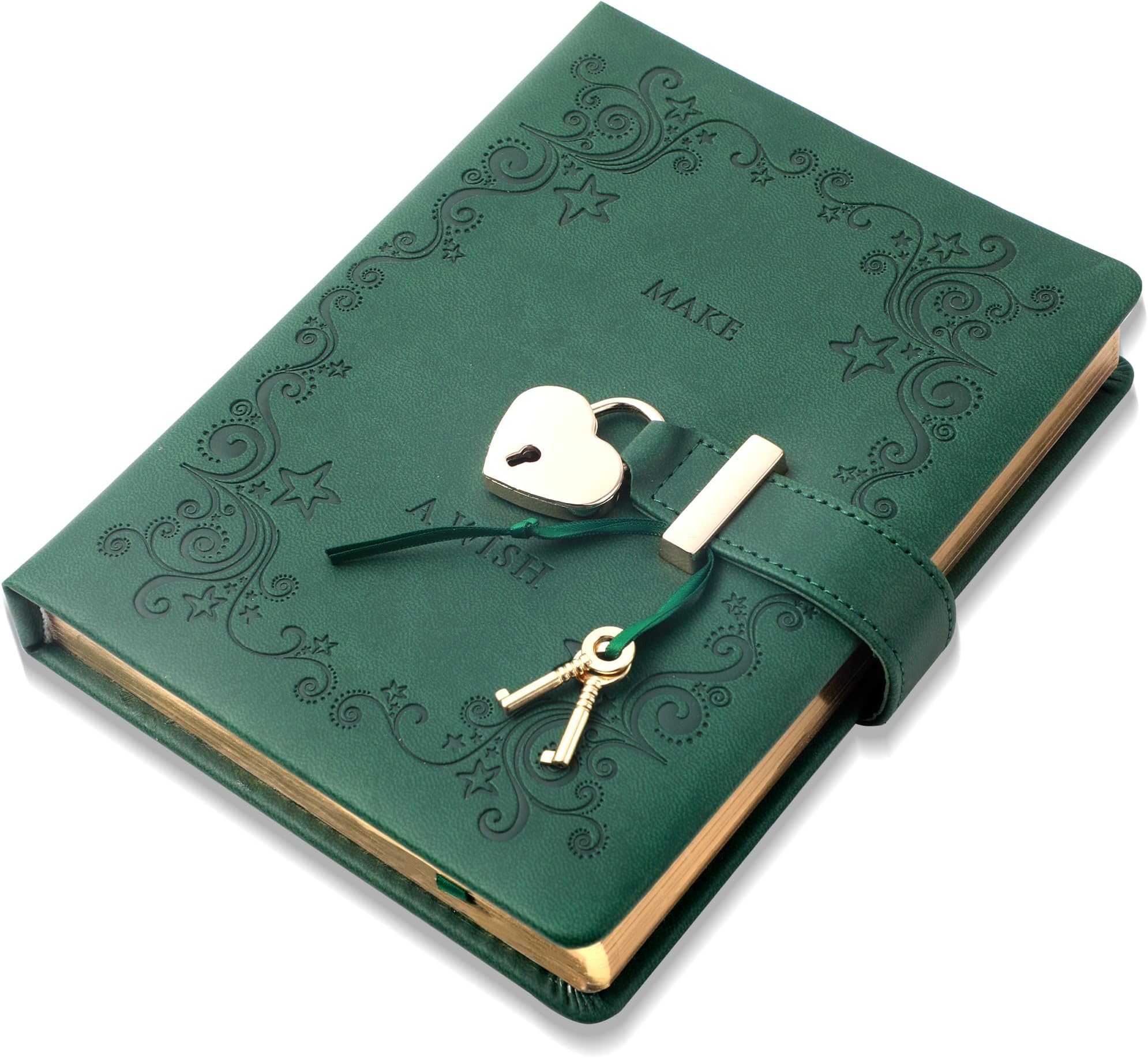 CAGIE Diary with Lock for Girls Heart Shaped Lock Diary with 2 Keys Golden Edge Locked Journal for Women Locking Diary 5.3 x 7.1 inches, Green