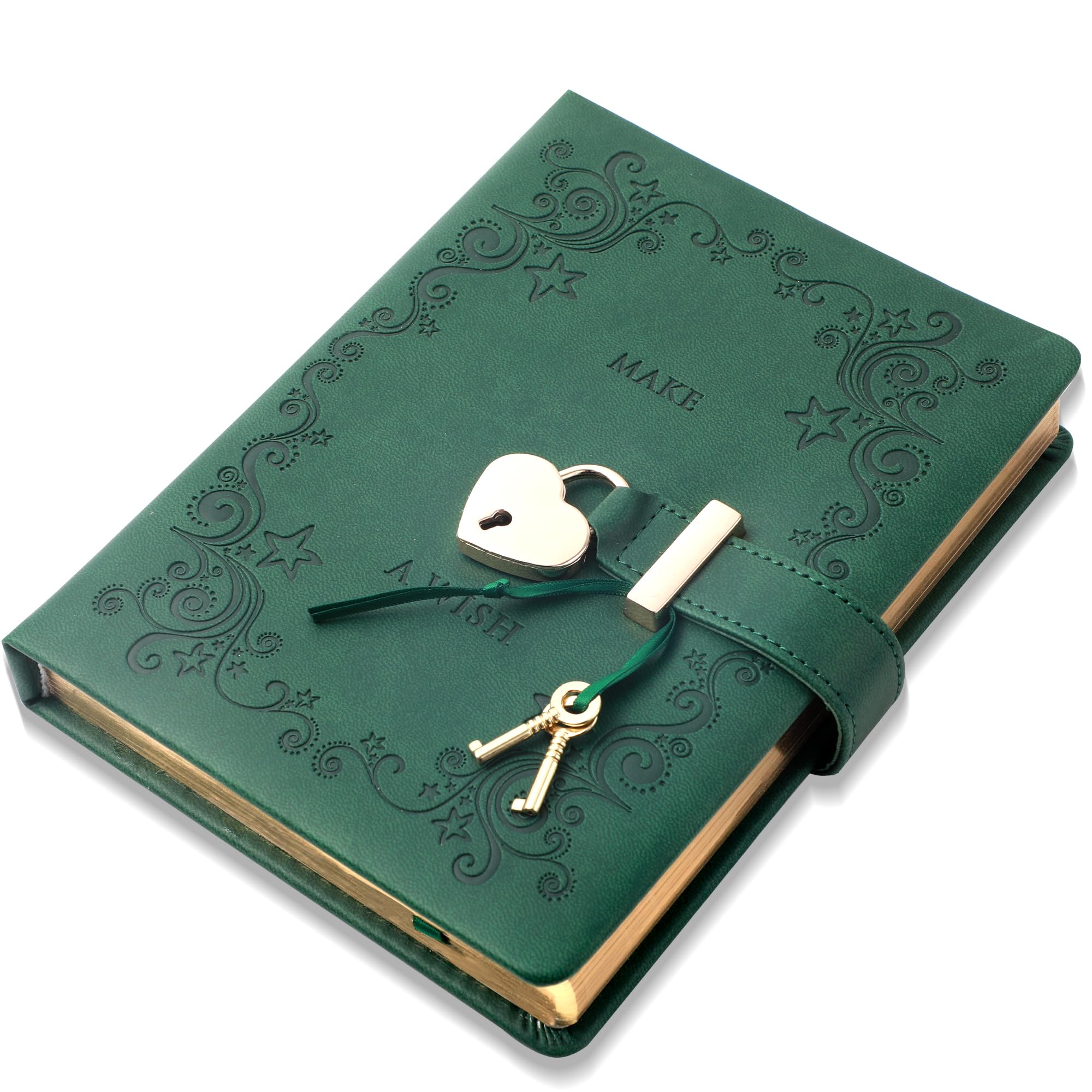 CAGIE Diary with Lock for Girls Heart Shaped Lock Diary with 2 Keys Golden Edge Locked Journal for Women Locking Diary 5.3 x 7.1 inches, Green