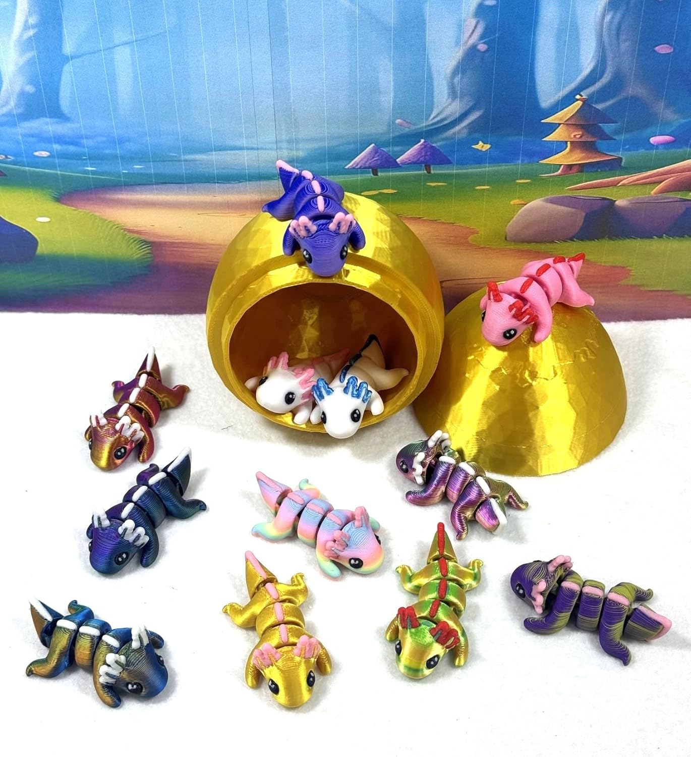 12pcs 3D Printed Mini Axolotl with Egg, Articulated Multi Color Fidget Axolotl, Tiny Mini Animal Gift Idea, Birthday Party Decorations, MA-SET123-GE