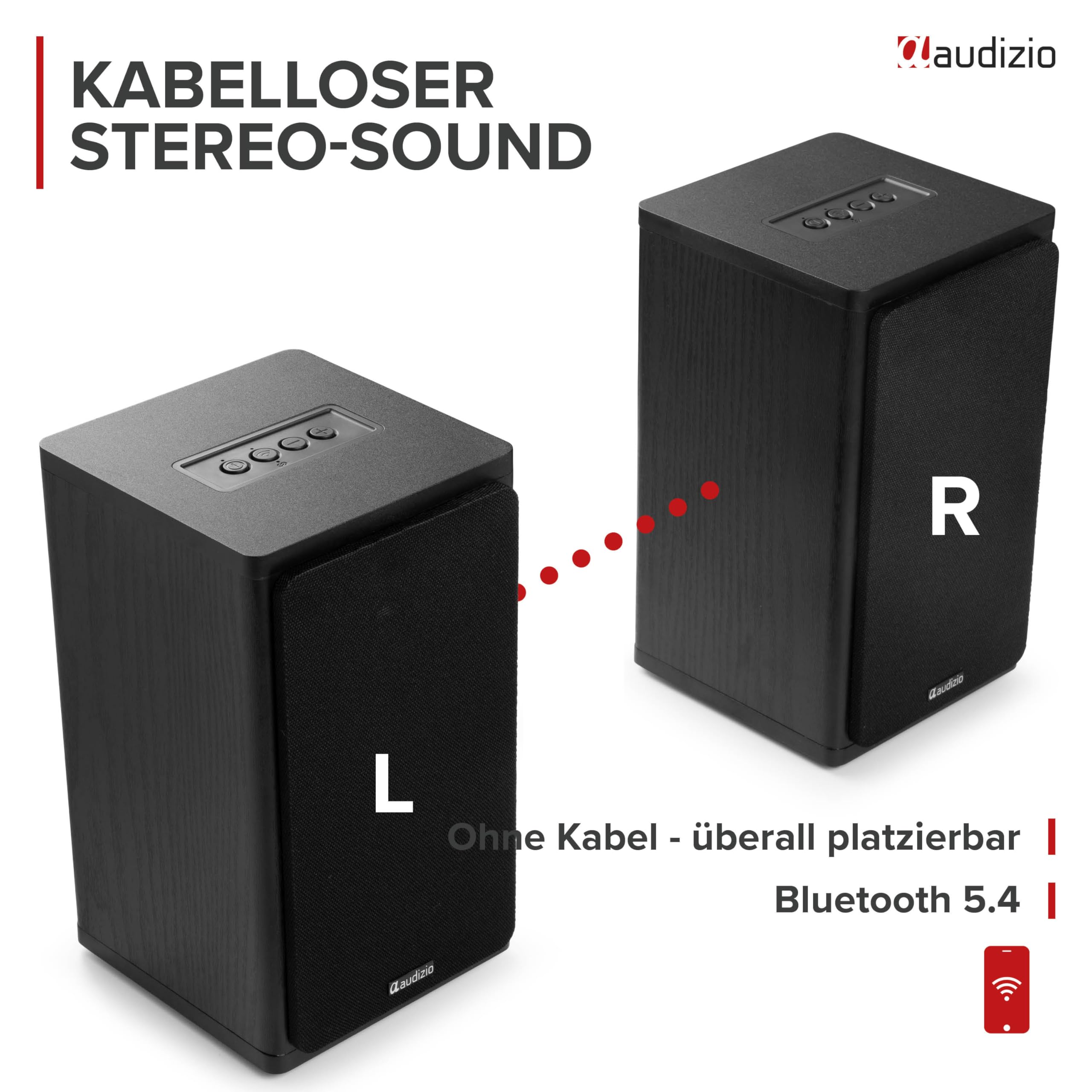 Audizio BS20 Aktivlautsprecher mit Akku, Stereo Regallautsprecher, 60h Laufzeit, 100 Watt, BT 5.4 & AUX, HiFi Studio Monitor Boxen mit 4" Woofer - Bluetooth Speaker für TV & Desktop - Schwarz