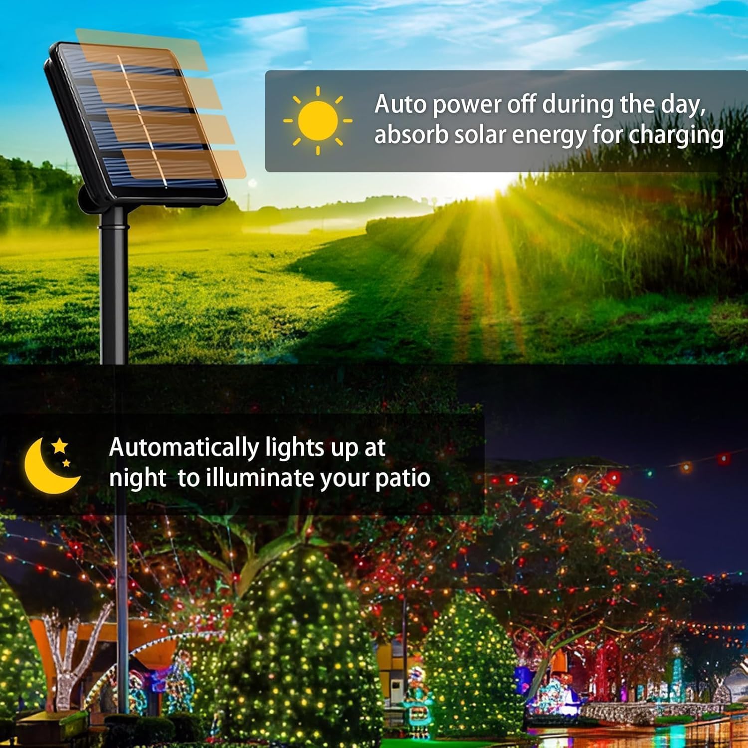 Similar 2 Pack Solar String Lights Outdoor, 200 LED Extra-Long 78 FT Solar Christmas Lights Outdoor with 8 Lighting Modes, IP65 Waterproof for Garden, Xmas, Balcony, Wedding, Party (Multicolor) 2 Pack Multicolor