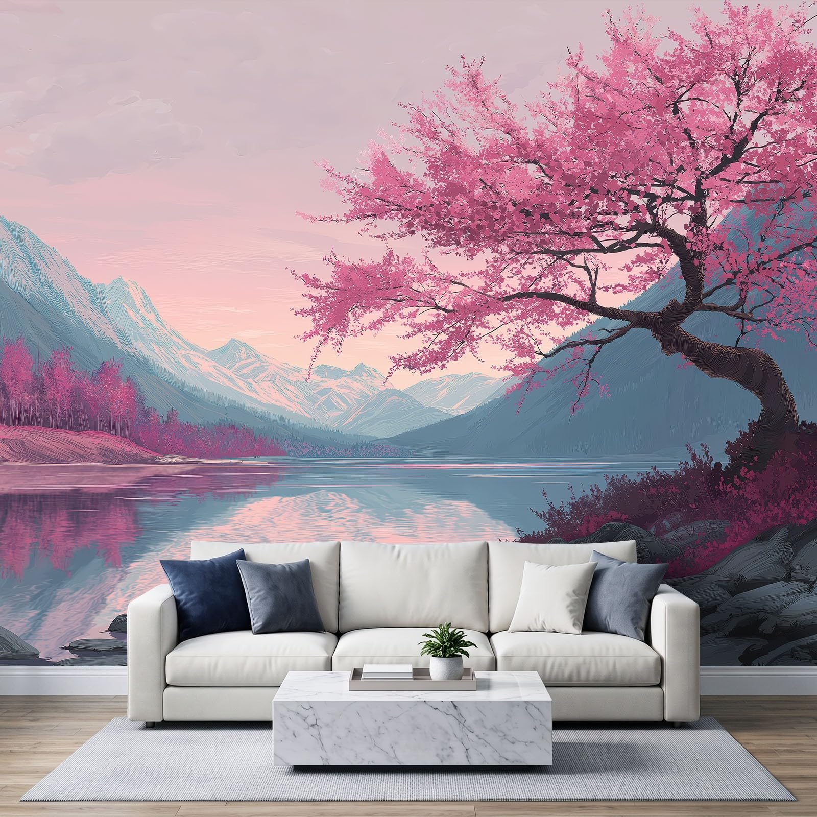 Fototapeta z efektem 3D, krajobraz, jezioro, drzewa wiśni, kwiaty, różowa, tapeta 200 x 140 cm, tapeta z włókniny, nowoczesna tapeta ścienna, salon, sypialnia, pokój dziecięcy, dekoracja ścienna