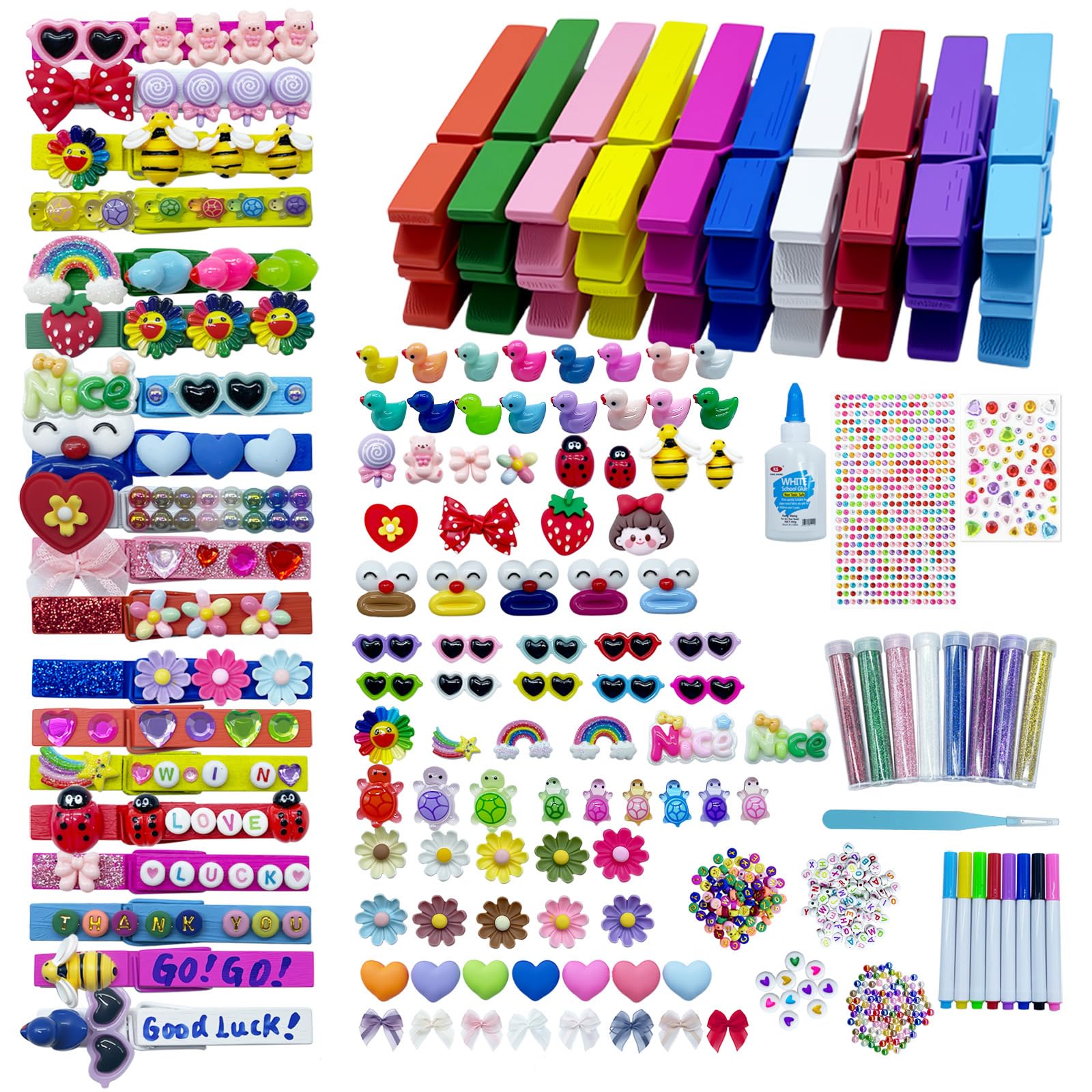 PHODDR 100pcs Cheer Pins Spirit Clips Wooden Clothes Pins for Backpacks Love Beads Mini Bows Mini Resin Ducks Colored Beads Clothes Pin Decorations for Team Gifts