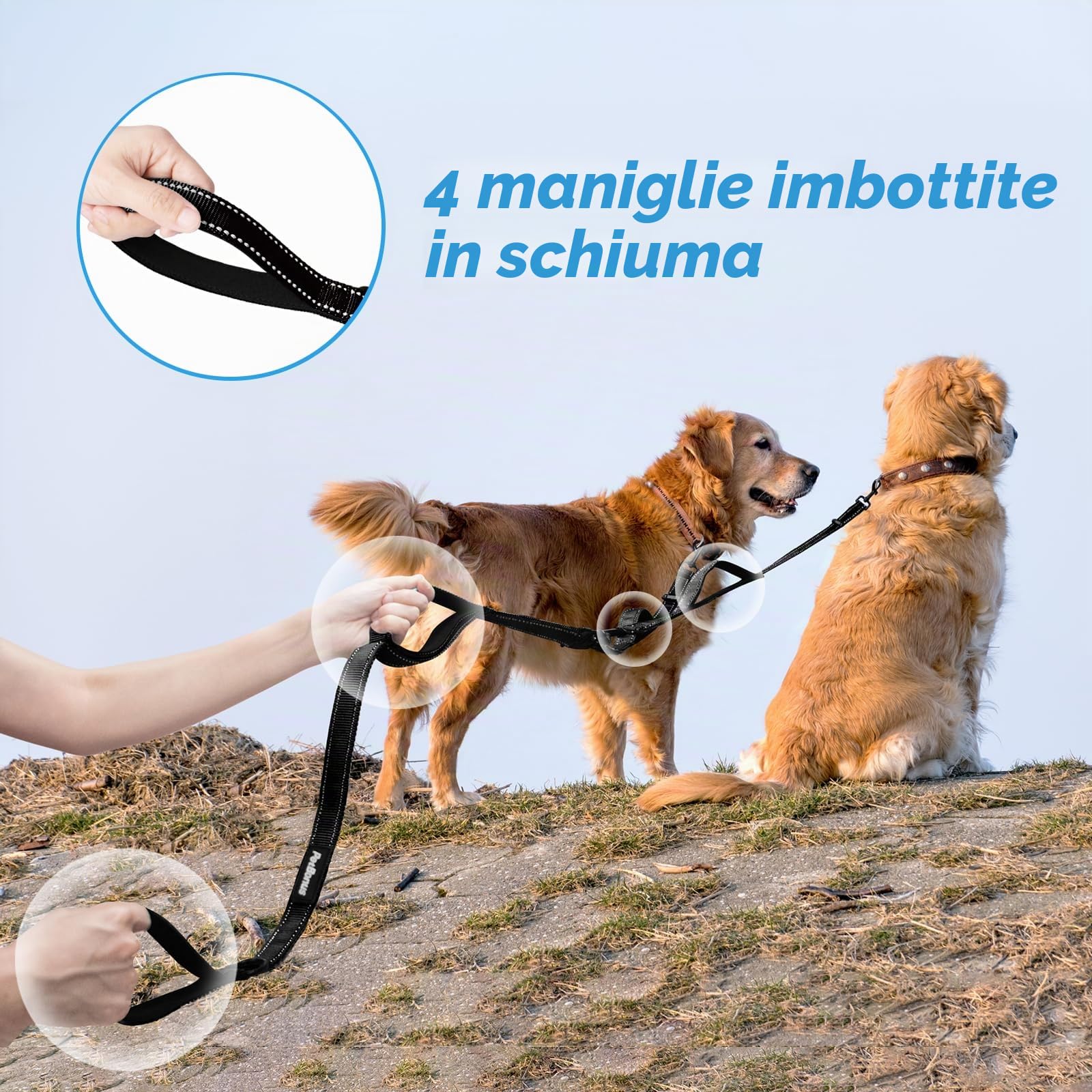PetBonus Guinzaglio Doppio per Cani, Guinzaglio Regolabile Riflettente per 2 Cani, 360° Antigroviglio Doppio con 4 Manici Imbottiti, Taglia Grande e Media, Ideale per Passeggiate (Nero)