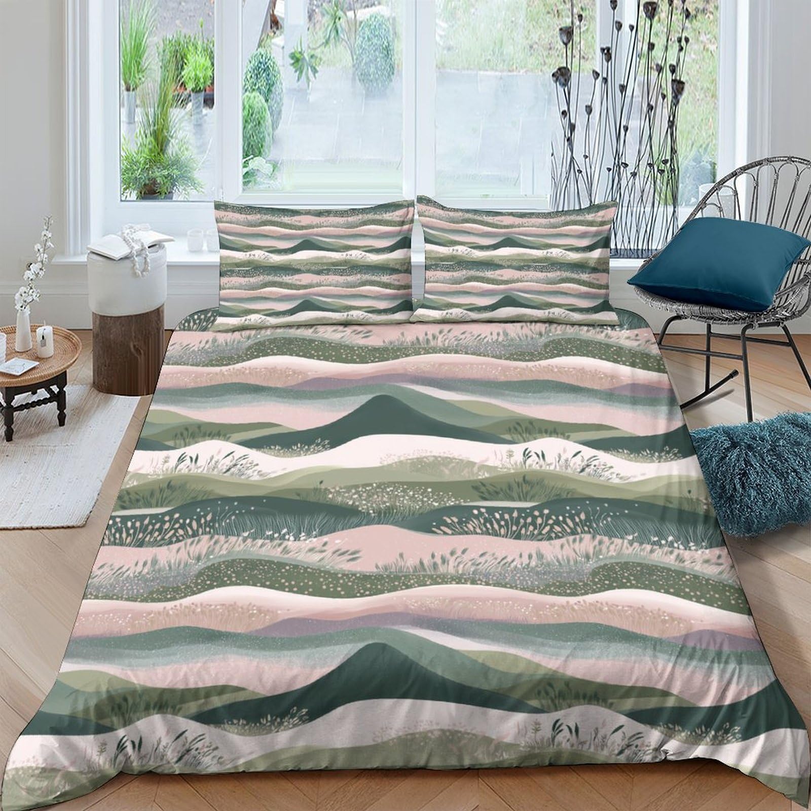 GPLZQXKJNH 3D Printed Mountain Landscape Duvet Cover Microfiber Soft Breathable Sunset Hills Bedding Set with 2 Pillowcases for Bedroom Decor 110 Single（135x200cm）