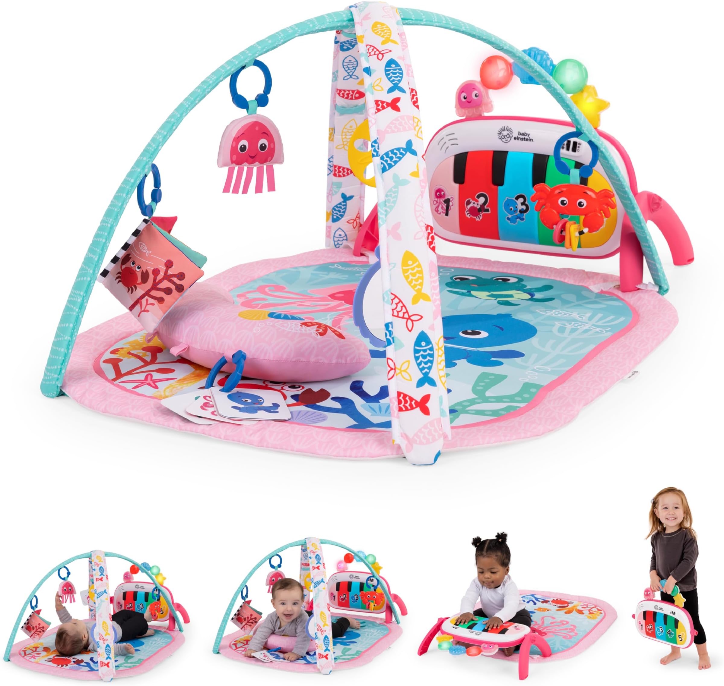 Baby Einstein Ocean Explorers 4-in-1 Play Arch Baby Play Mat with Kick Piano, Music & Voice Promotion, Sensory Toy, Lights & Sounds, for Newborn +, Pink (Jellyfish Jamboree)