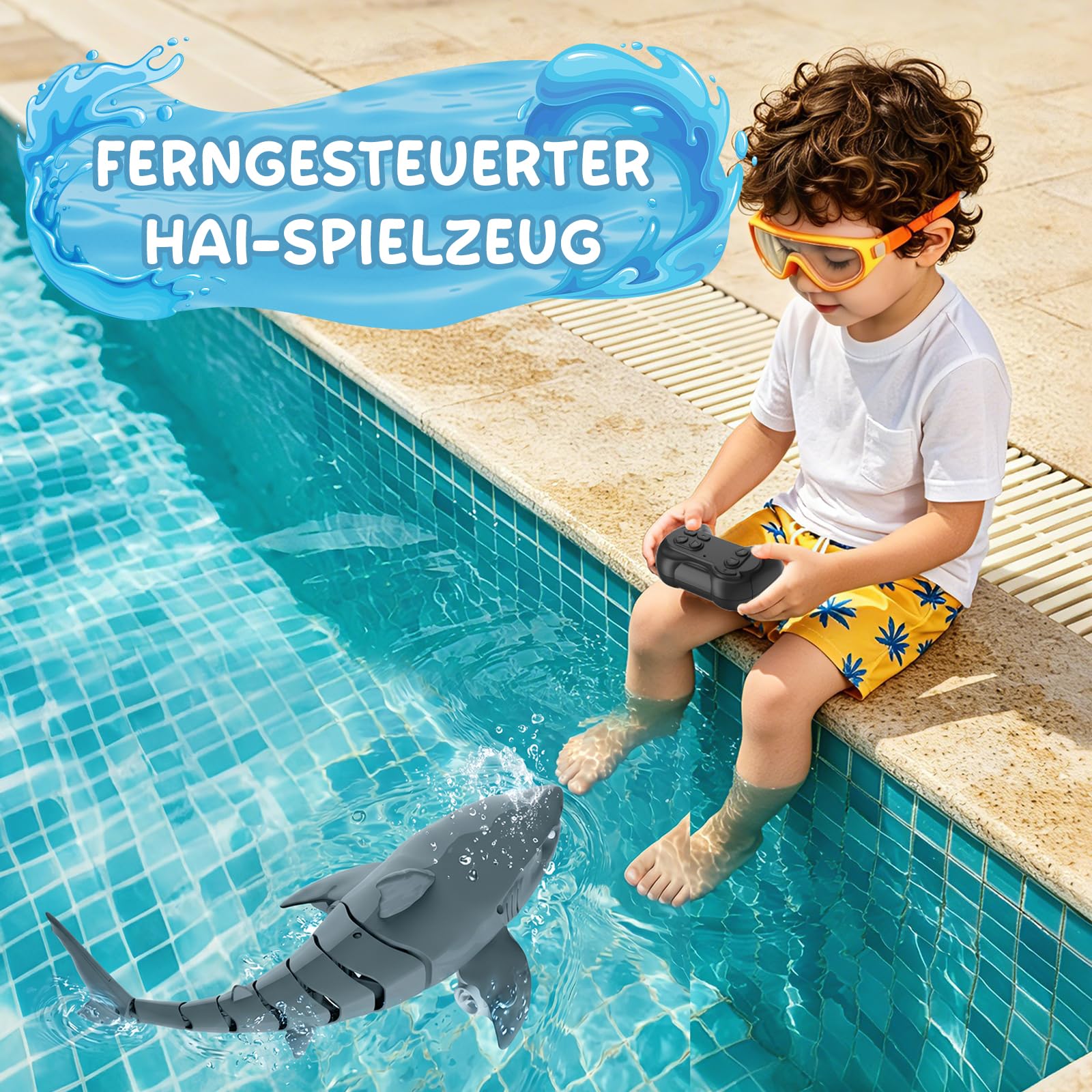 snookids Ferngesteuerter Hai-Spielzeug - 2.4GHz Ferngesteuertes Boot Simulation Hai, USB Aufladbar Shark Spielzeug Pool Wasserspielzeug mit Licht- und Automatischer EIN, Geschenk für Jungen Mädchen