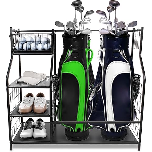 Swing Sports Golf Bag Stand - 37.6in Double Golf Bag Storage Rack for Garage with Golf Accessories Organizer Shelves