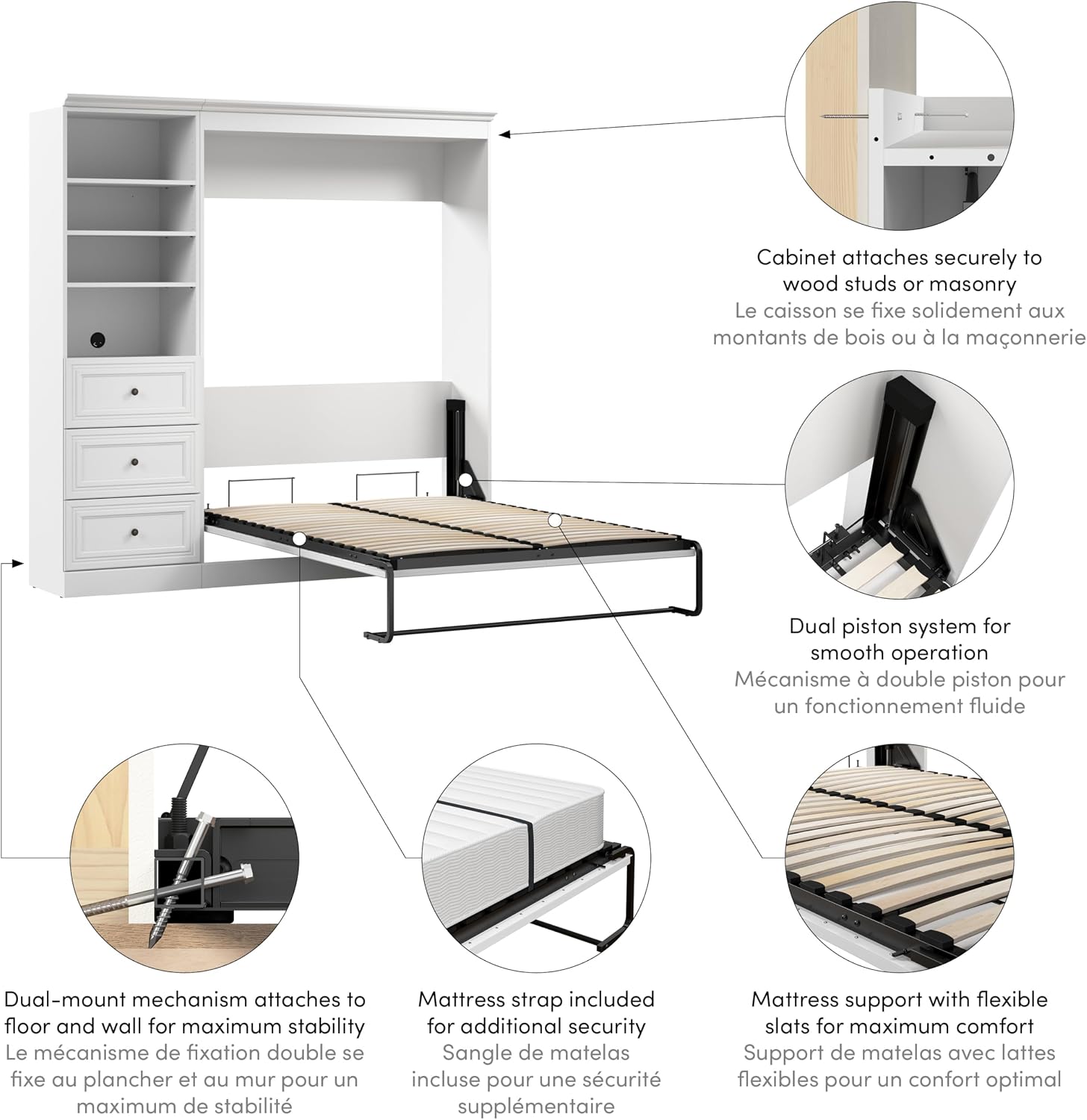 Bestar Versatile Full Murphy Bed and Closet Organizer with Drawers (84W) in White, Sleeping Arrangement and Wardrobe for Multipurpose Room